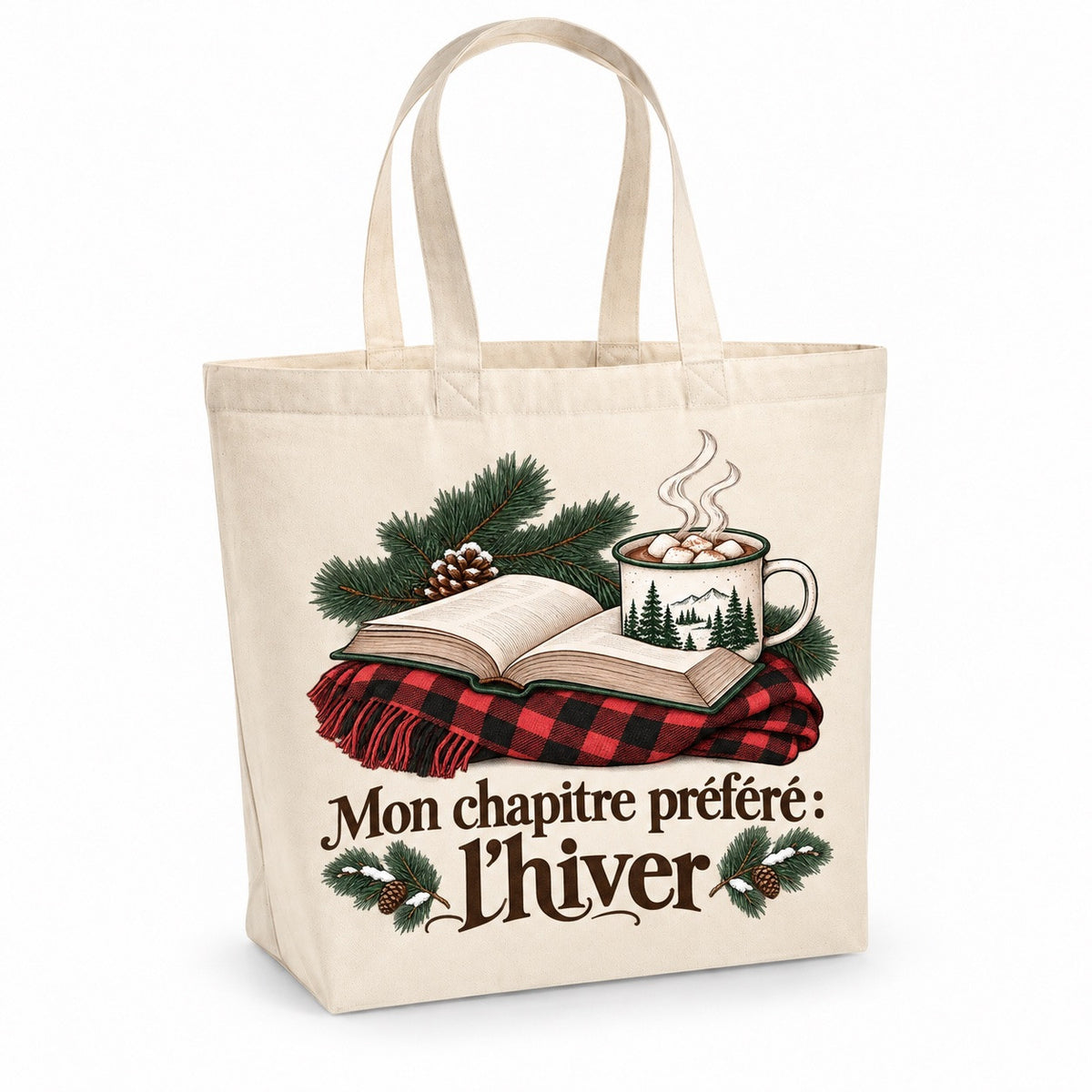 Tote bag « Mon chapitre préféré : l'hiver » Premium, cabas à soufflet en coton naturel 200 g/m² de 18 litres, illustration à l'encre : un livre ouvert, une tasse de chocolat chaud fumant avec guimauves, une couverture à carreaux rouge et noir pliée sous le livre et une branche de pin