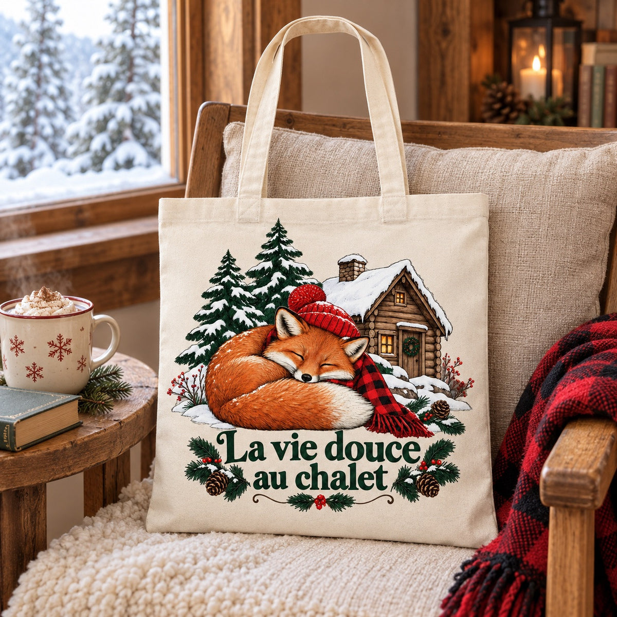 Tote bag « La vie douce au chalet » Essentiel sur un fauteuil avec plaid et livre