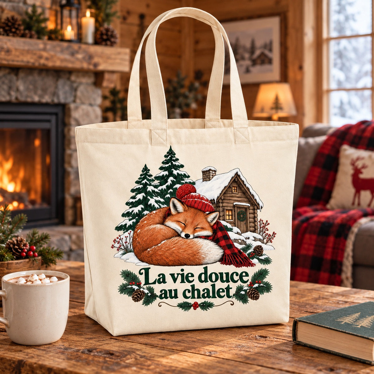 Tote bag « La vie douce au chalet » Premium posé sur une table en bois