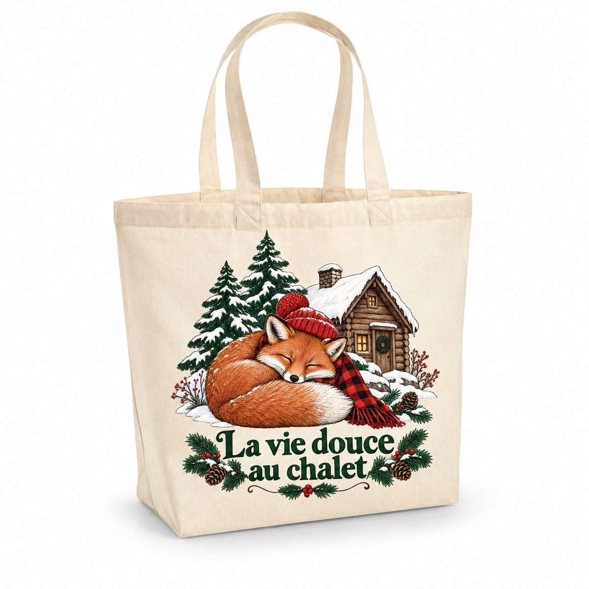 Tote bag « La vie douce au chalet » Premium, cabas à soufflet en coton naturel 200 g/m² de 18 litres, illustration à l'encre : un renard roux en tuque rouge, blotti en boule devant une petite cabane en bois enneigée et deux pins