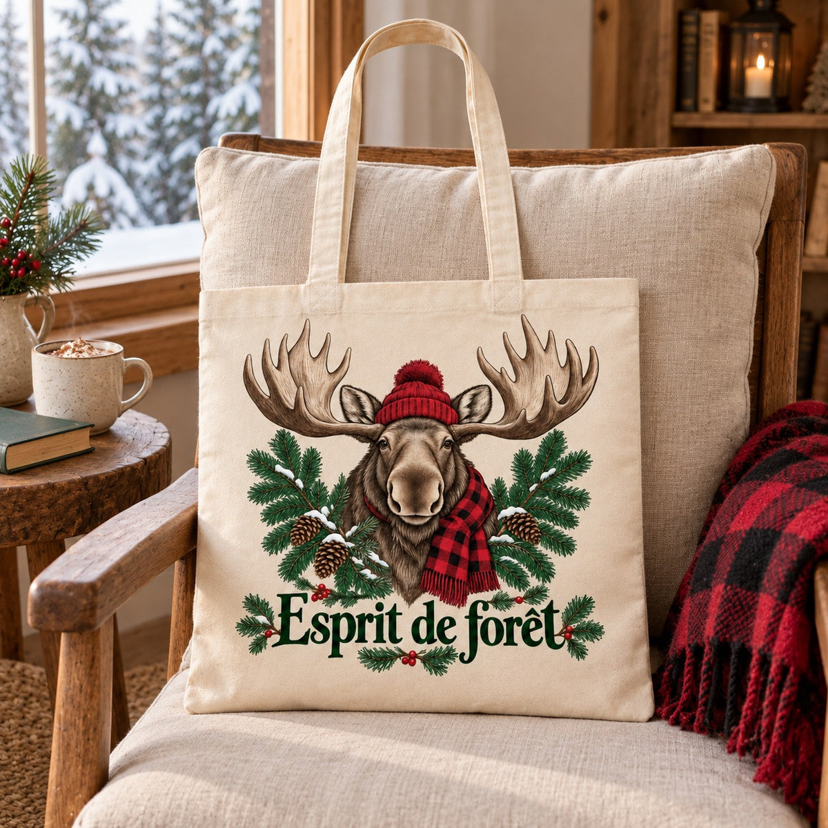 Tote bag « Esprit de forêt » Essentiel sur un fauteuil avec plaid et livre