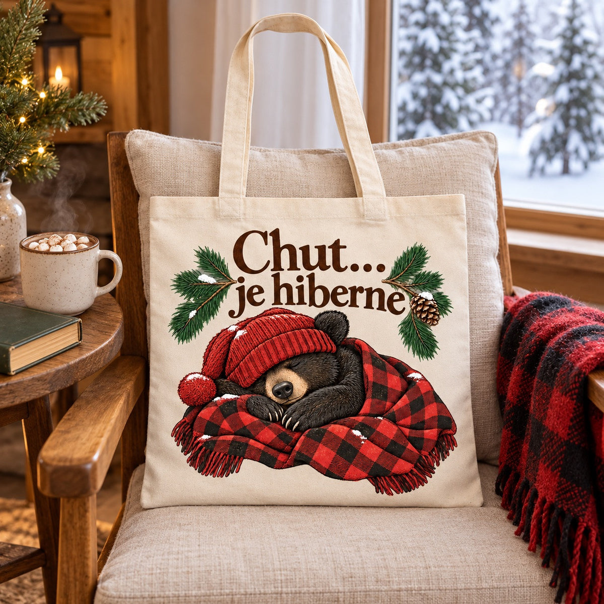 Tote bag « Chut… je hiberne » Essentiel sur un fauteuil avec plaid et livre
