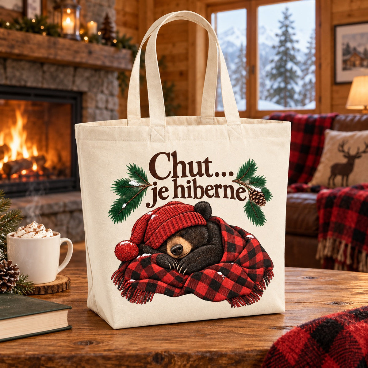 Tote bag « Chut… je hiberne » Premium posé sur une table en bois