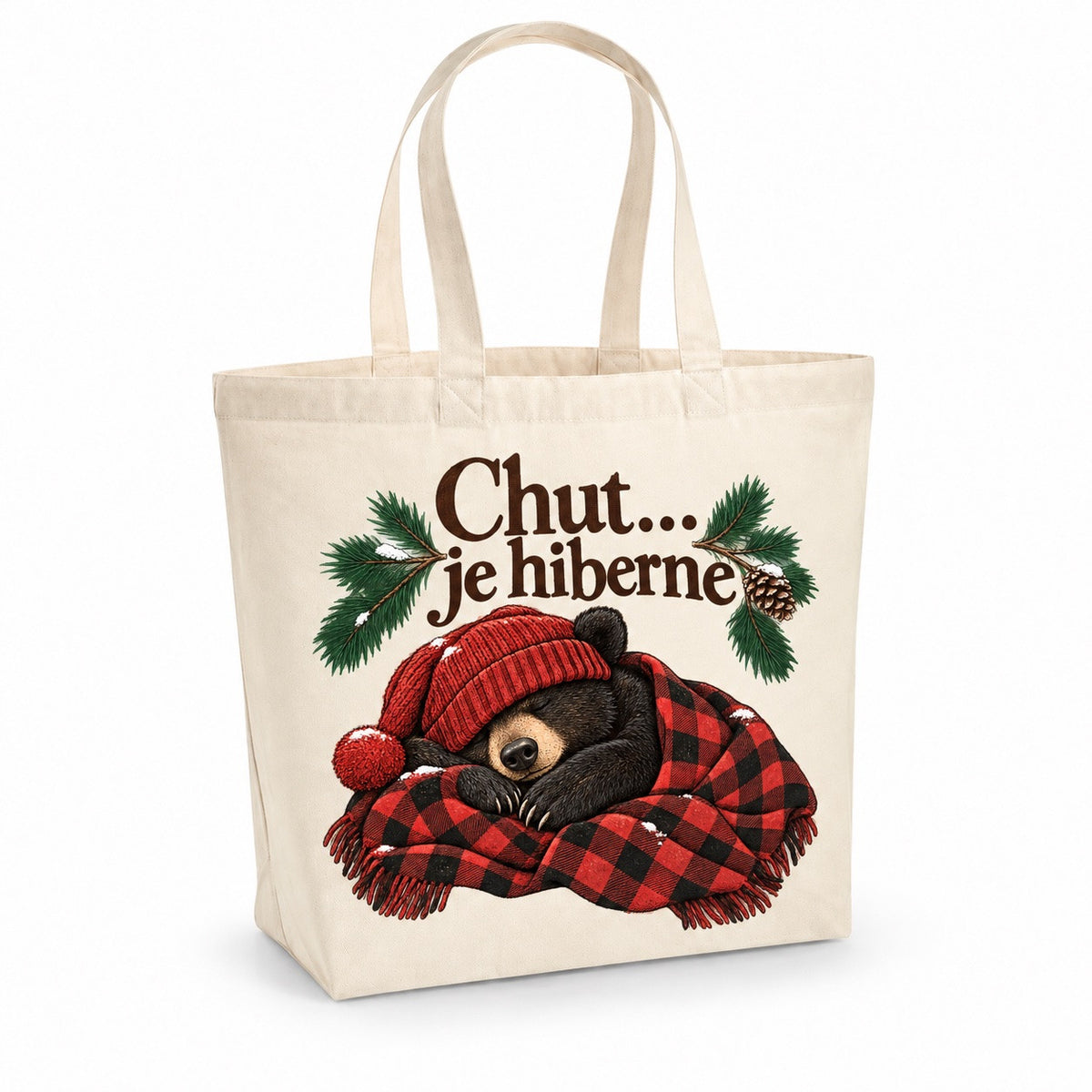 Tote bag « Chut… je hiberne » Premium, cabas à soufflet en coton naturel 200 g/m² de 18 litres, illustration à l'encre : un ours noir endormi, bonnet rouge tombant sur les yeux, roulé dans une petite couverture à carreaux bûcheron rouge et noir