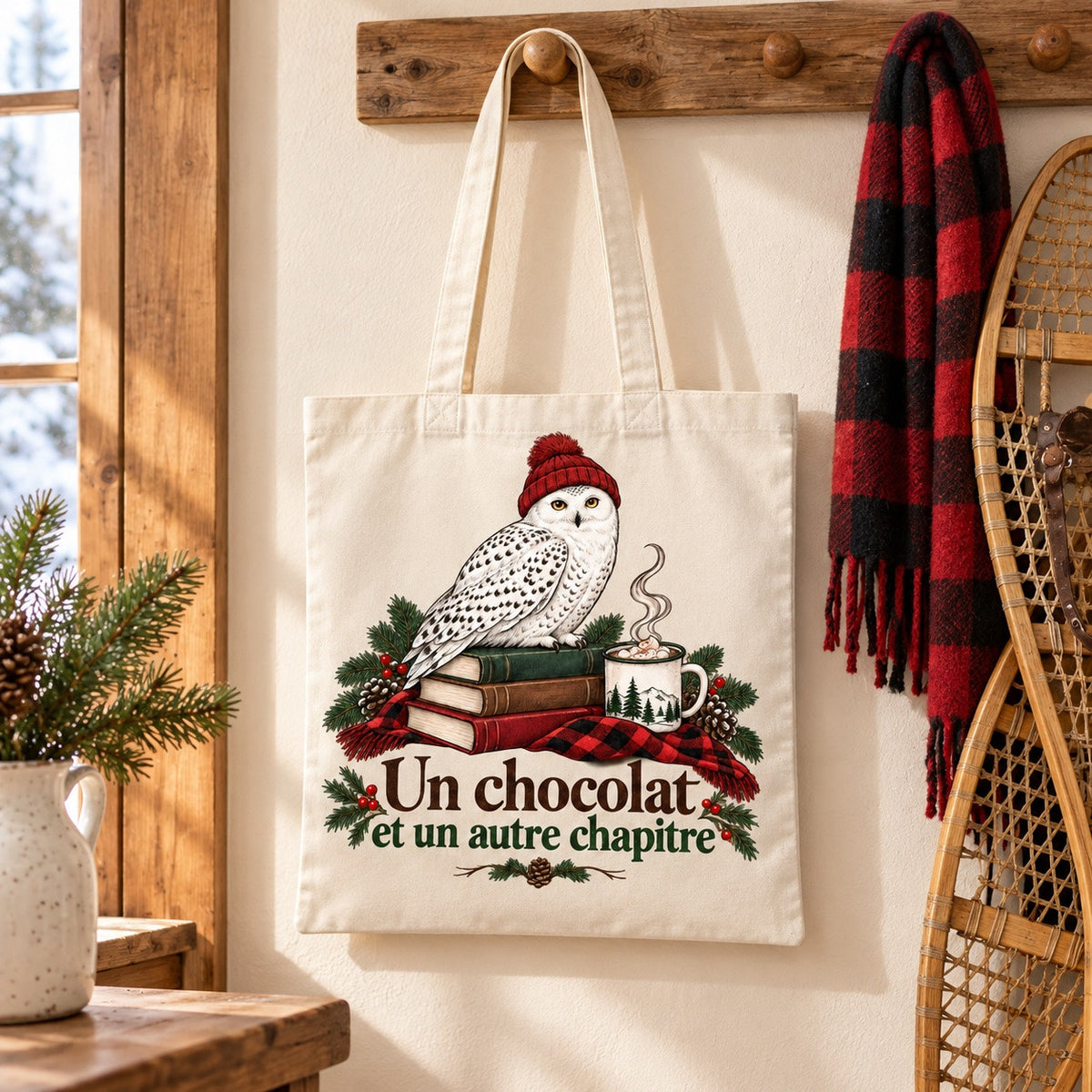 Tote bag « Un chocolat et un autre chapitre » Essentiel suspendu près d'une paire de raquettes