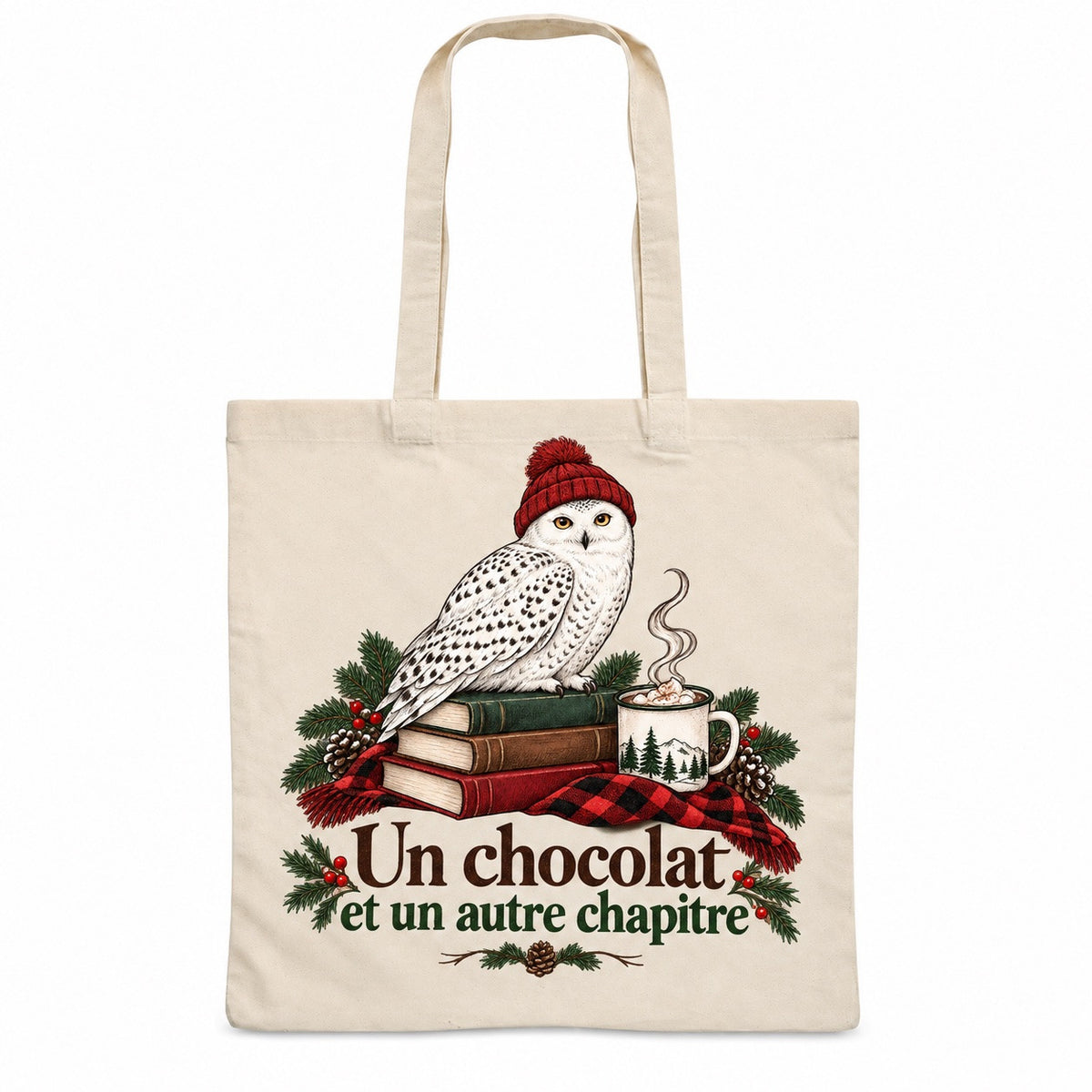 Tote bag « Un chocolat et un autre chapitre » Essentiel, sac plat en coton naturel 140 g/m² de 38 × 42 cm, illustration à l'encre : un harfang des neiges coiffé d'une tuque rouge, posé sur une pile de livres à côté d'une tasse de chocolat chaud