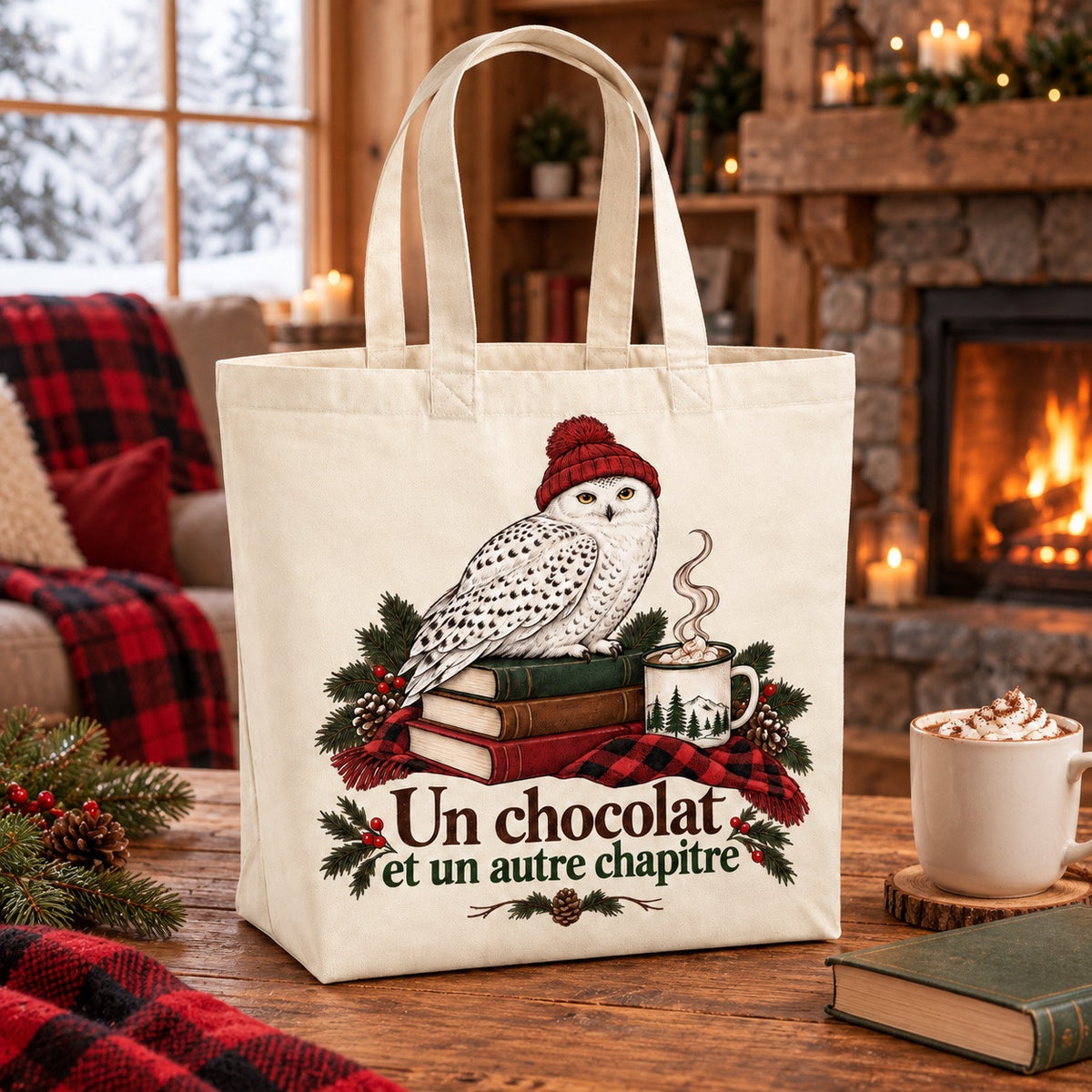 Tote bag « Un chocolat et un autre chapitre » Premium posé sur une table en bois
