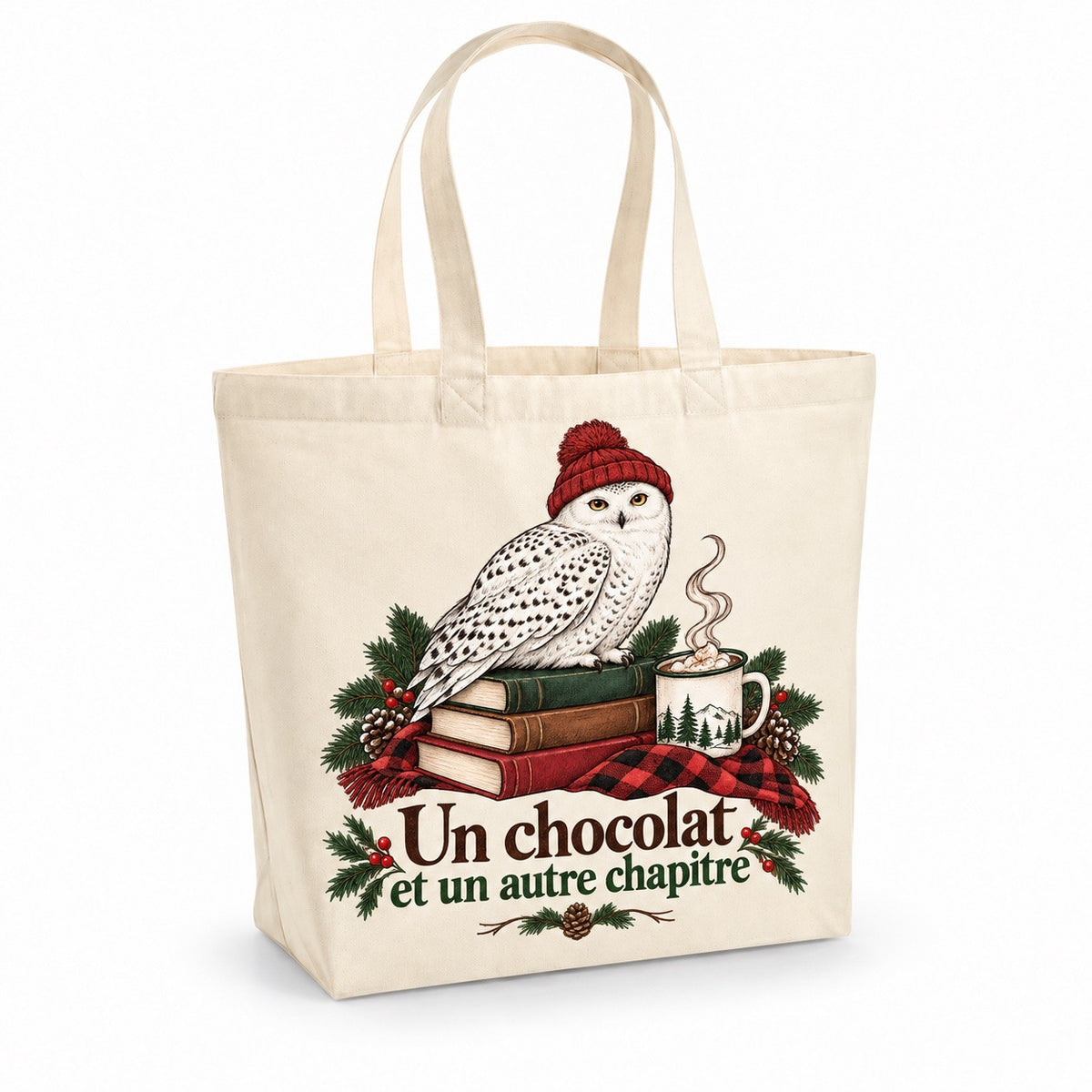 Tote bag « Un chocolat et un autre chapitre » Premium, cabas à soufflet en coton naturel 200 g/m² de 18 litres, illustration à l'encre : un harfang des neiges coiffé d'une tuque rouge, posé sur une pile de livres à côté d'une tasse de chocolat chaud