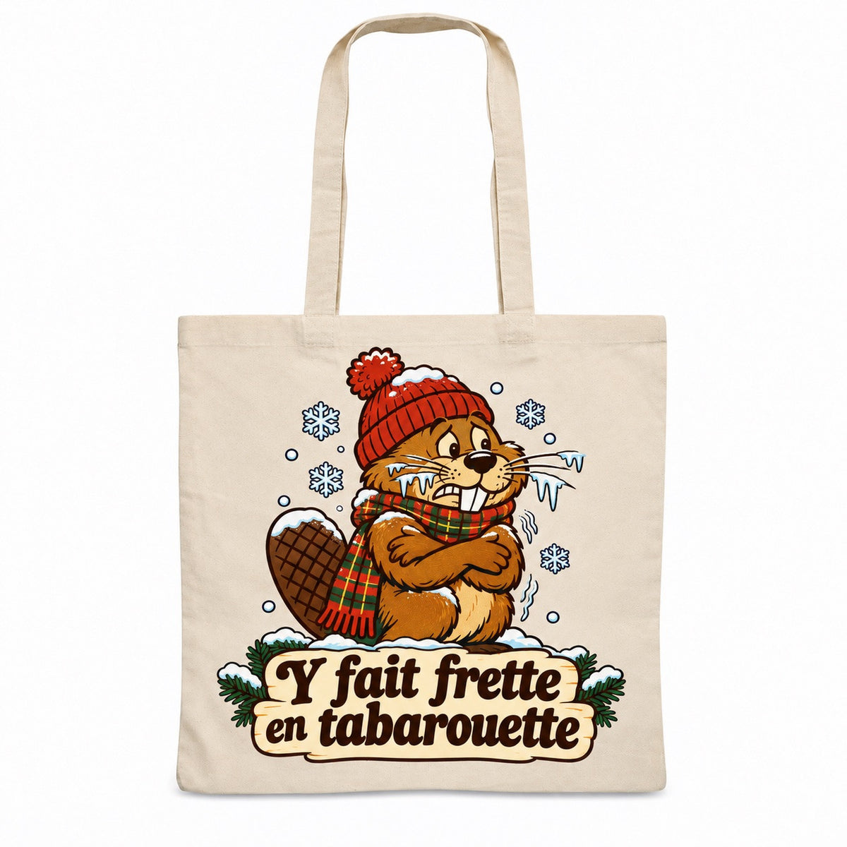 Tote bag « Y fait frette en tabarouette » Essentiel, sac plat en coton naturel 140 g/m² de 38 × 42 cm, illustration rétro : un castor frigorifié en tuque rouge et écharpe à carreaux, les moustaches givrées, au milieu des flocons
