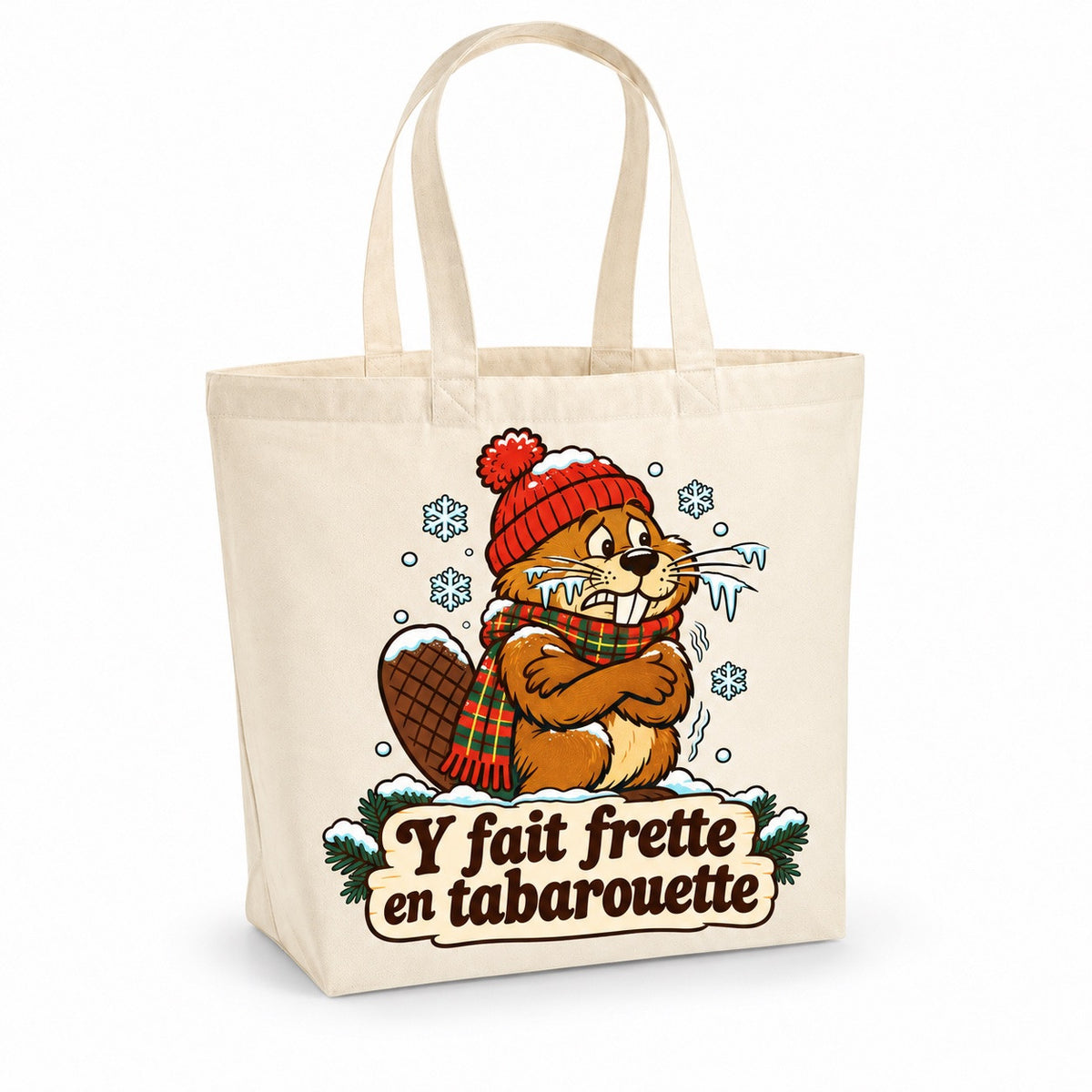 Tote bag « Y fait frette en tabarouette » Premium, cabas à soufflet en coton naturel 200 g/m² de 18 litres, illustration rétro : un castor frigorifié en tuque rouge et écharpe à carreaux, les moustaches givrées, au milieu des flocons