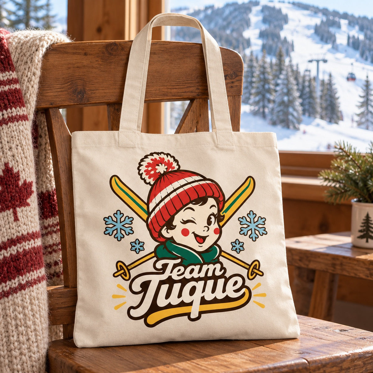 Tote bag « Team Tuque » Essentiel posé sur une chaise, décor d'hiver