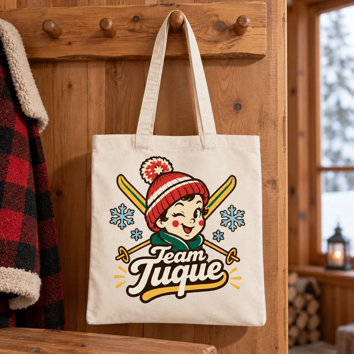 Tote bag « Team Tuque » Essentiel suspendu à une patère dans une entrée
