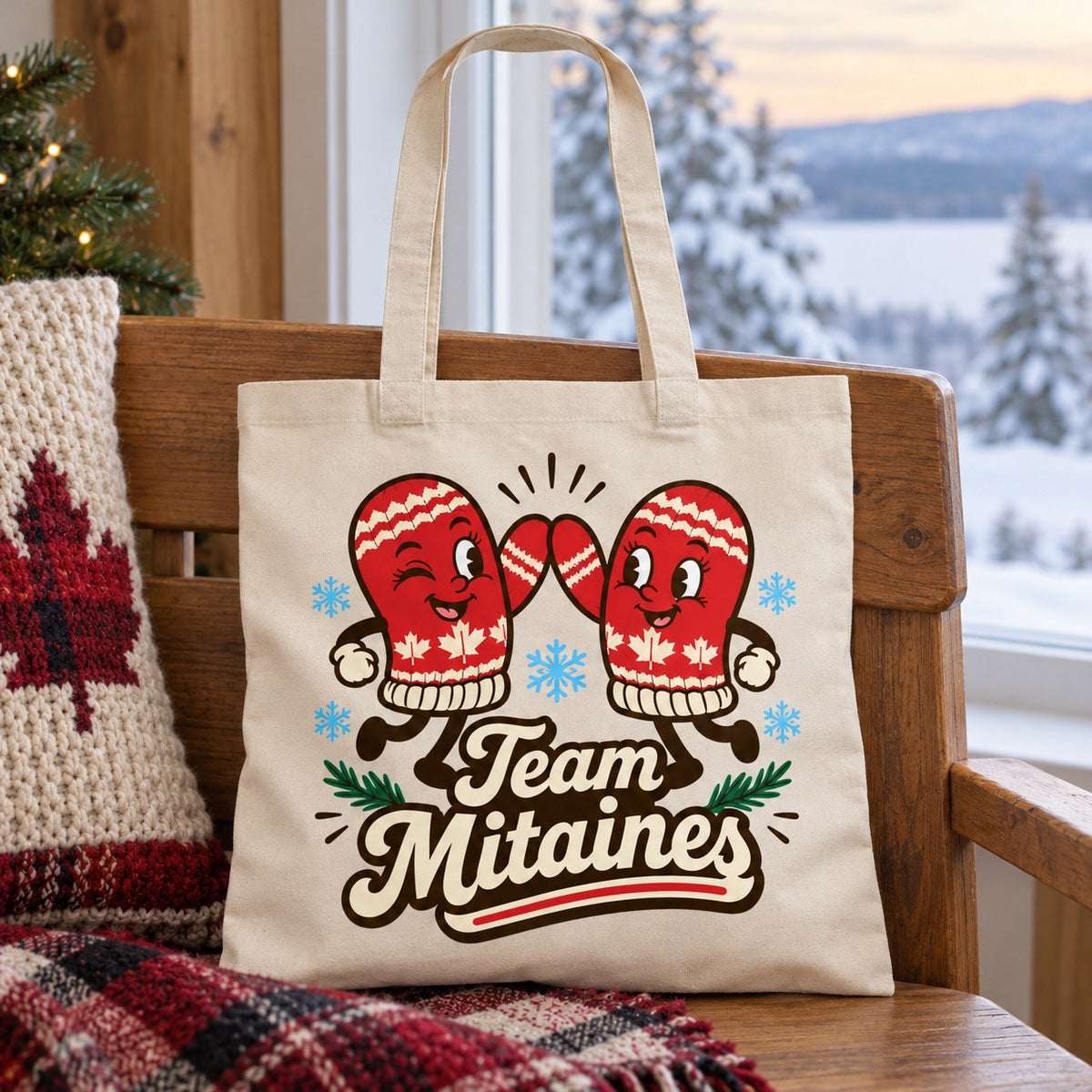 Tote bag « Team Mitaines » Essentiel posé sur une chaise, décor d'hiver
