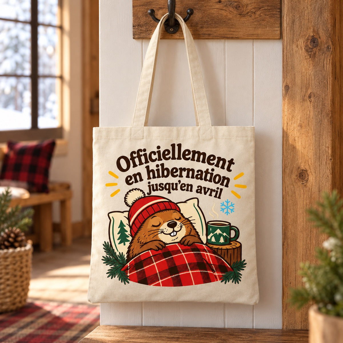 Tote bag « Officiellement en hibernation jusqu'en avril » Essentiel suspendu à une patère dans une entrée