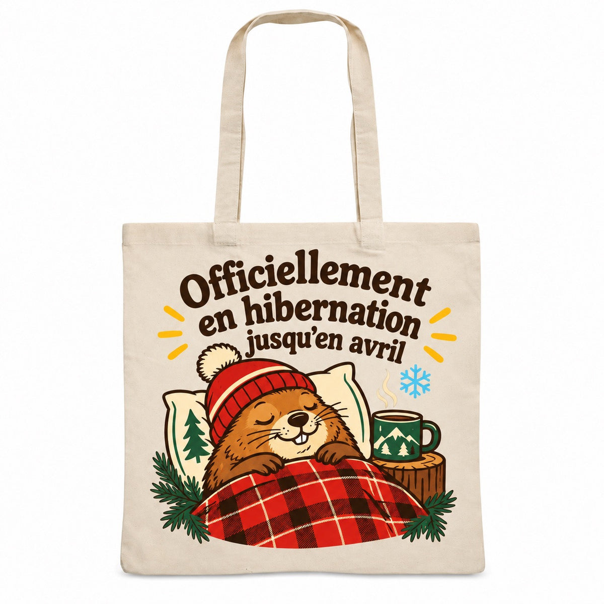 Tote bag « Officiellement en hibernation jusqu'en avril » Essentiel, sac plat en coton naturel 140 g/m² de 38 × 42 cm, illustration rétro : une marmotte endormie en tuque, bien au chaud sous une couverture à carreaux rouges, une tasse à ses côtés