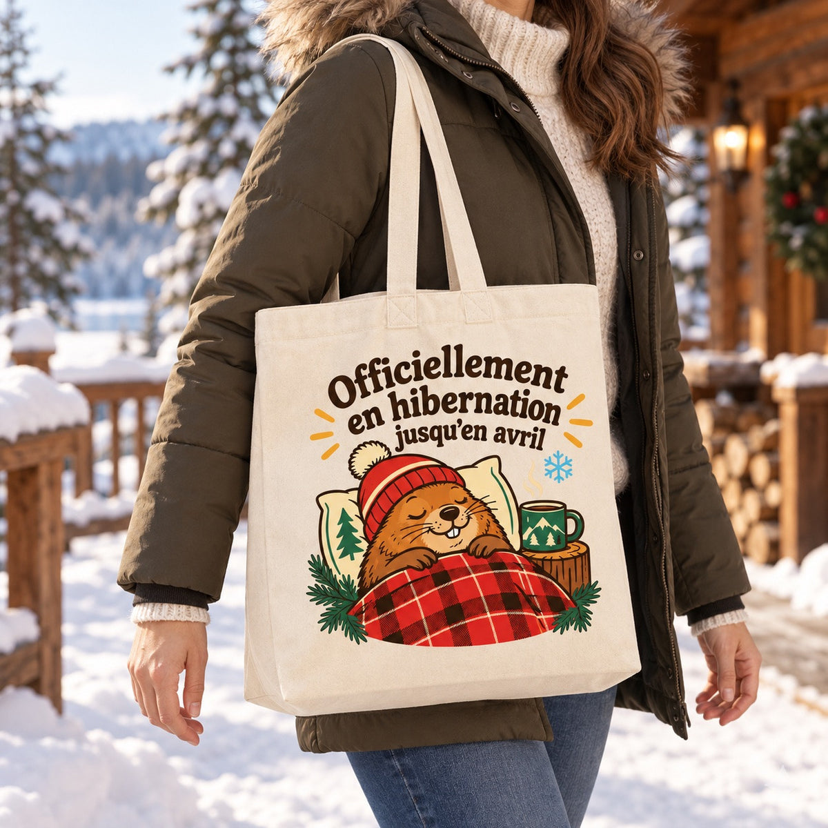 Tote bag « Officiellement en hibernation jusqu'en avril » Premium porté à l'épaule dans une rue québécoise en hiver