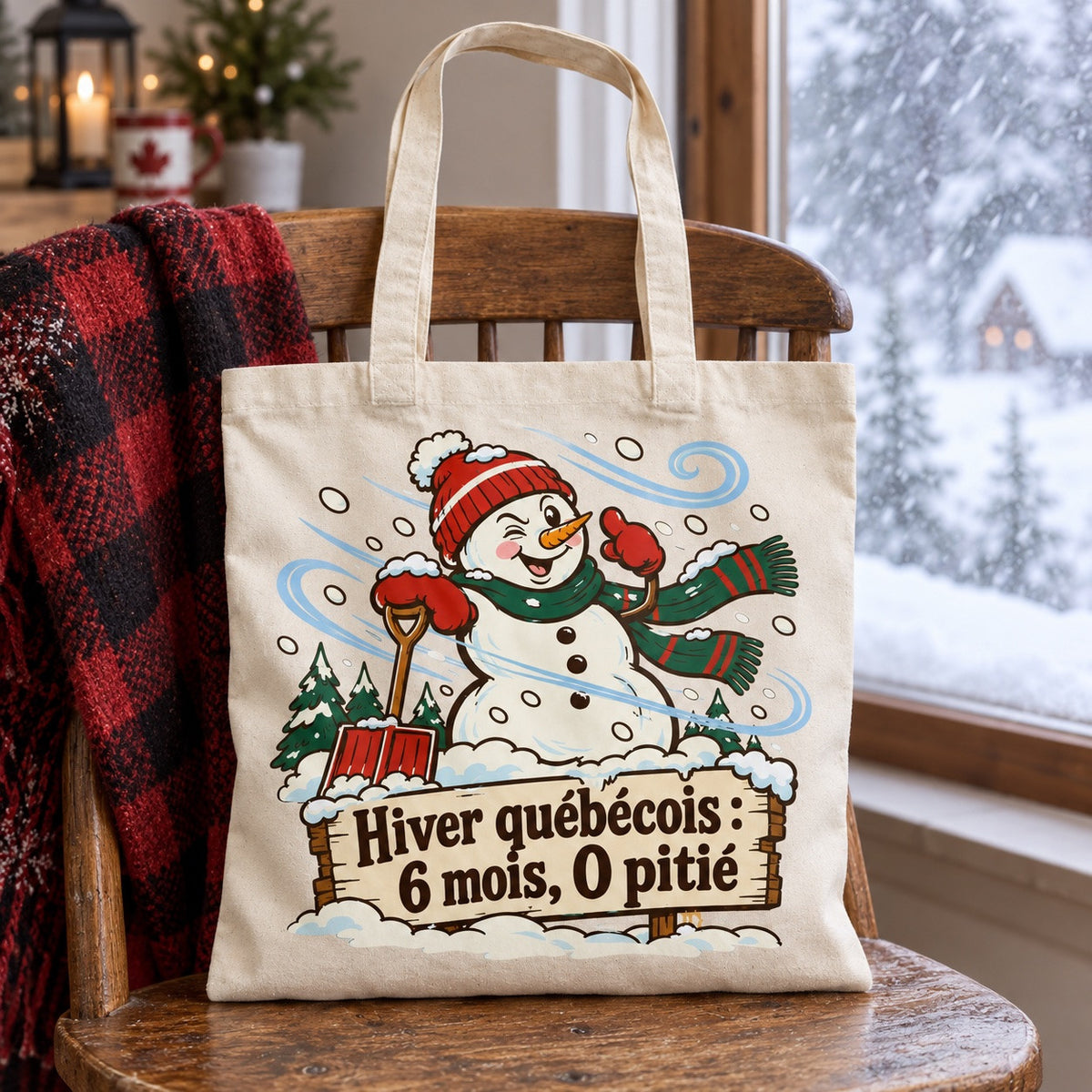 Tote bag « Hiver québécois : 6 mois, 0 pitié » Essentiel posé sur une chaise, décor d'hiver