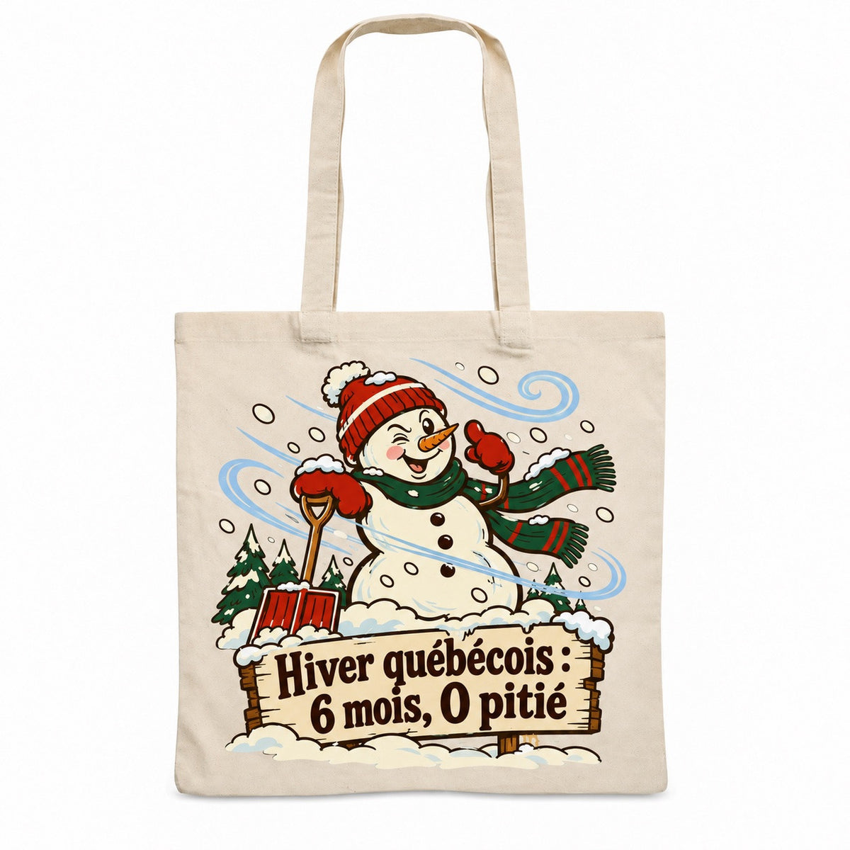 Tote bag « Hiver québécois : 6 mois, 0 pitié » Essentiel, sac plat en coton naturel 140 g/m² de 38 × 42 cm, illustration rétro : un bonhomme de neige espiègle en tuque, pris dans une bourrasque, une pelle plantée dans la neige