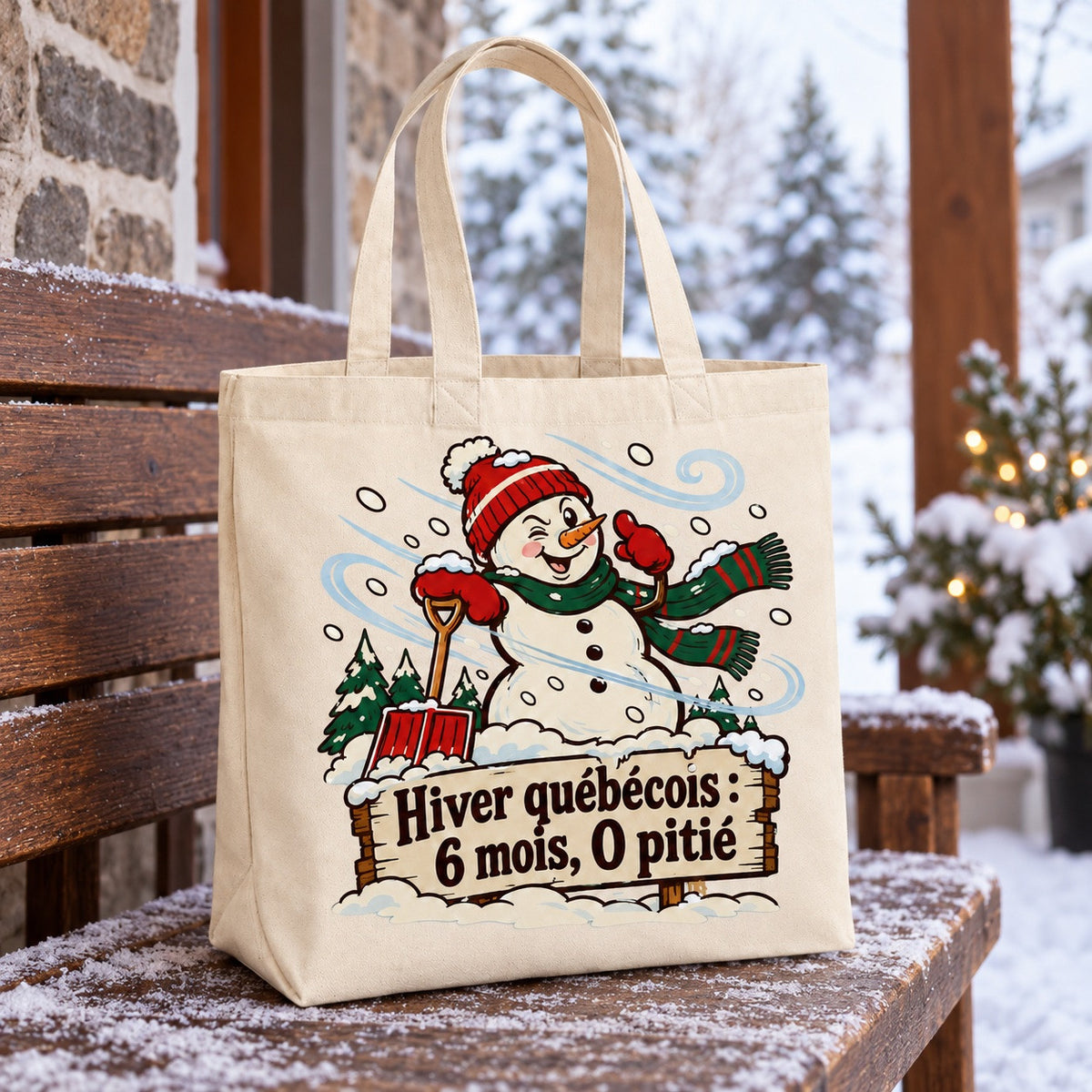 Tote bag « Hiver québécois : 6 mois, 0 pitié » Premium posé de trois quarts sur une table