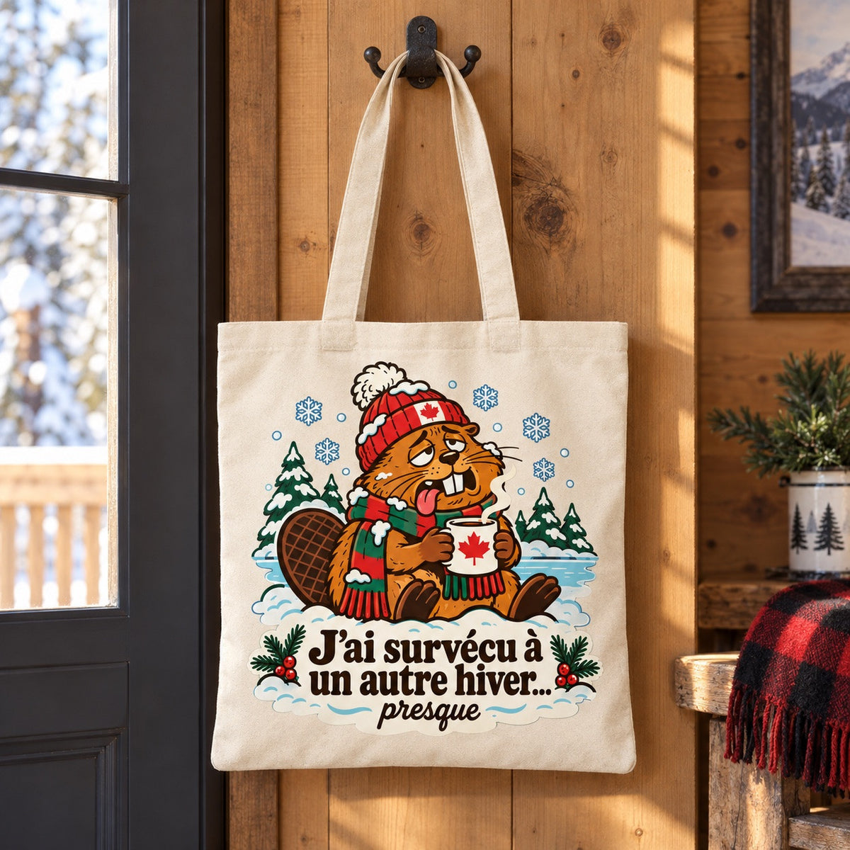 Tote bag « J'ai survécu à un autre hiver… presque » Essentiel suspendu à une patère dans une entrée