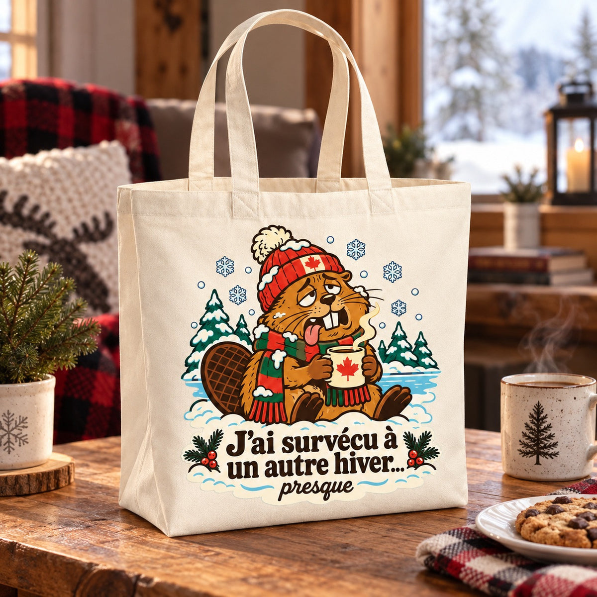 Tote bag « J'ai survécu à un autre hiver… presque » Premium posé de trois quarts sur une table