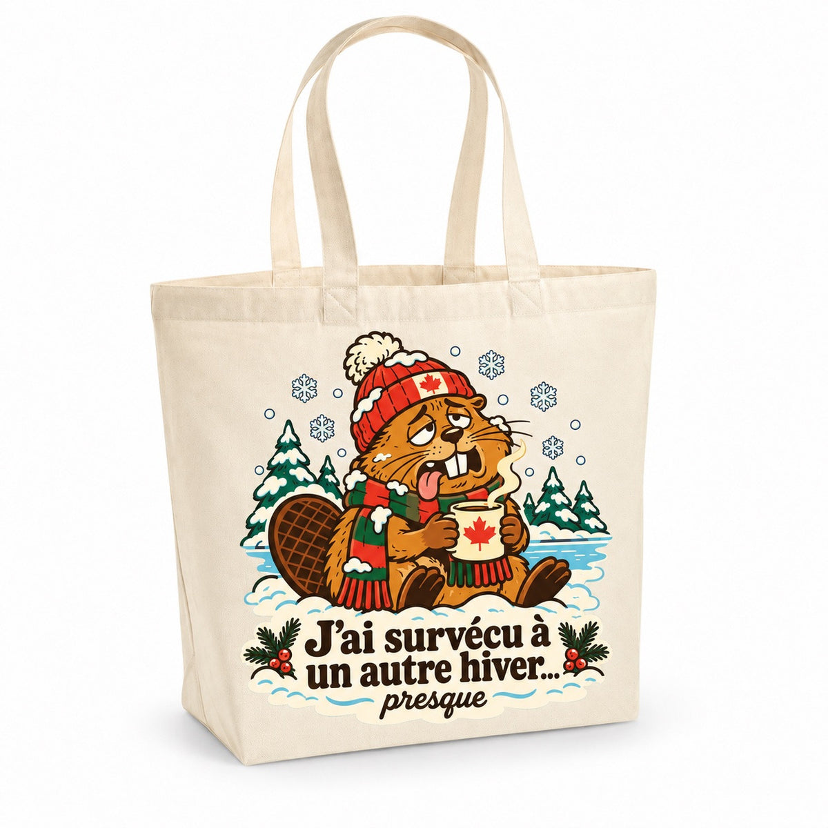 Tote bag « J'ai survécu à un autre hiver… presque » Premium, cabas à soufflet en coton naturel 200 g/m² de 18 litres, illustration rétro : un castor épuisé en tuque et grosse écharpe, une tasse chaude entre les pattes, couvert de givre