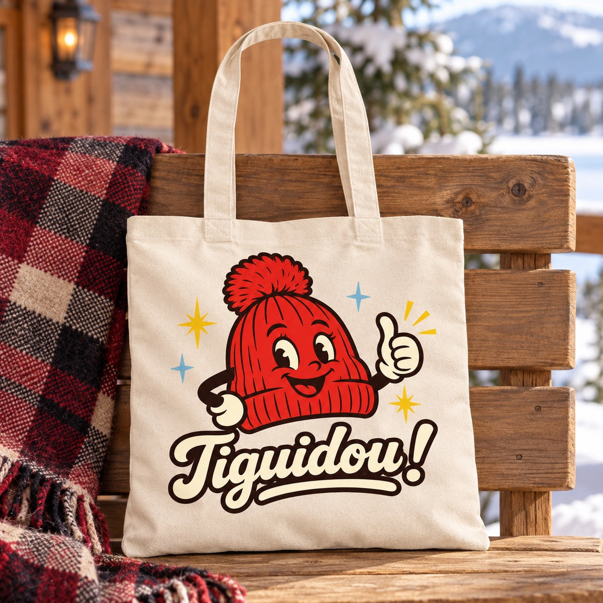 Tote bag « Tiguidou ! » Essentiel posé sur une chaise, décor d'hiver