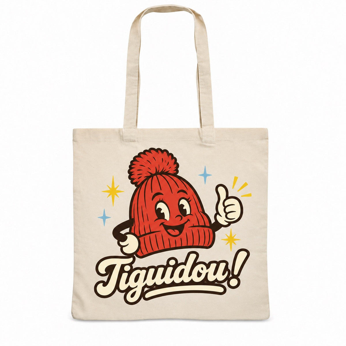 Tote bag « Tiguidou ! » Essentiel, sac plat en coton naturel 140 g/m² de 38 × 42 cm, illustration rétro : une tuque rouge à pompon tout sourire qui lève le pouce de sa main gantée, entourée de petites étoiles