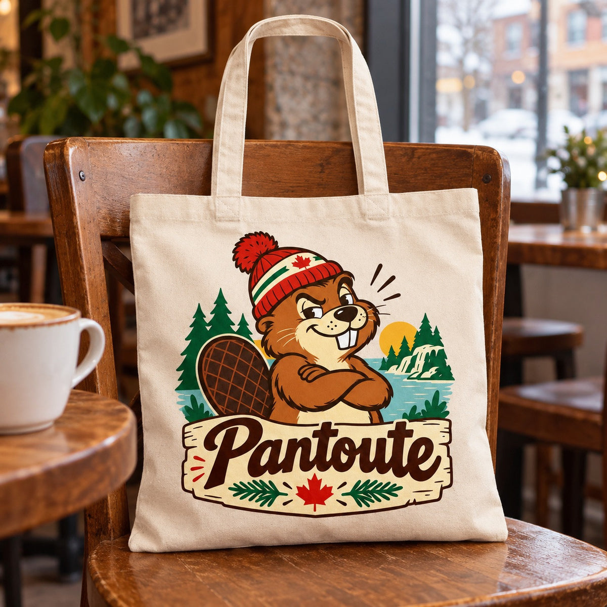 Tote bag « Pantoute » Essentiel posé sur une chaise, décor d'hiver