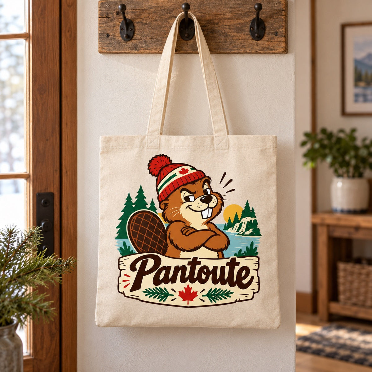 Tote bag « Pantoute » Essentiel suspendu à une patère dans une entrée