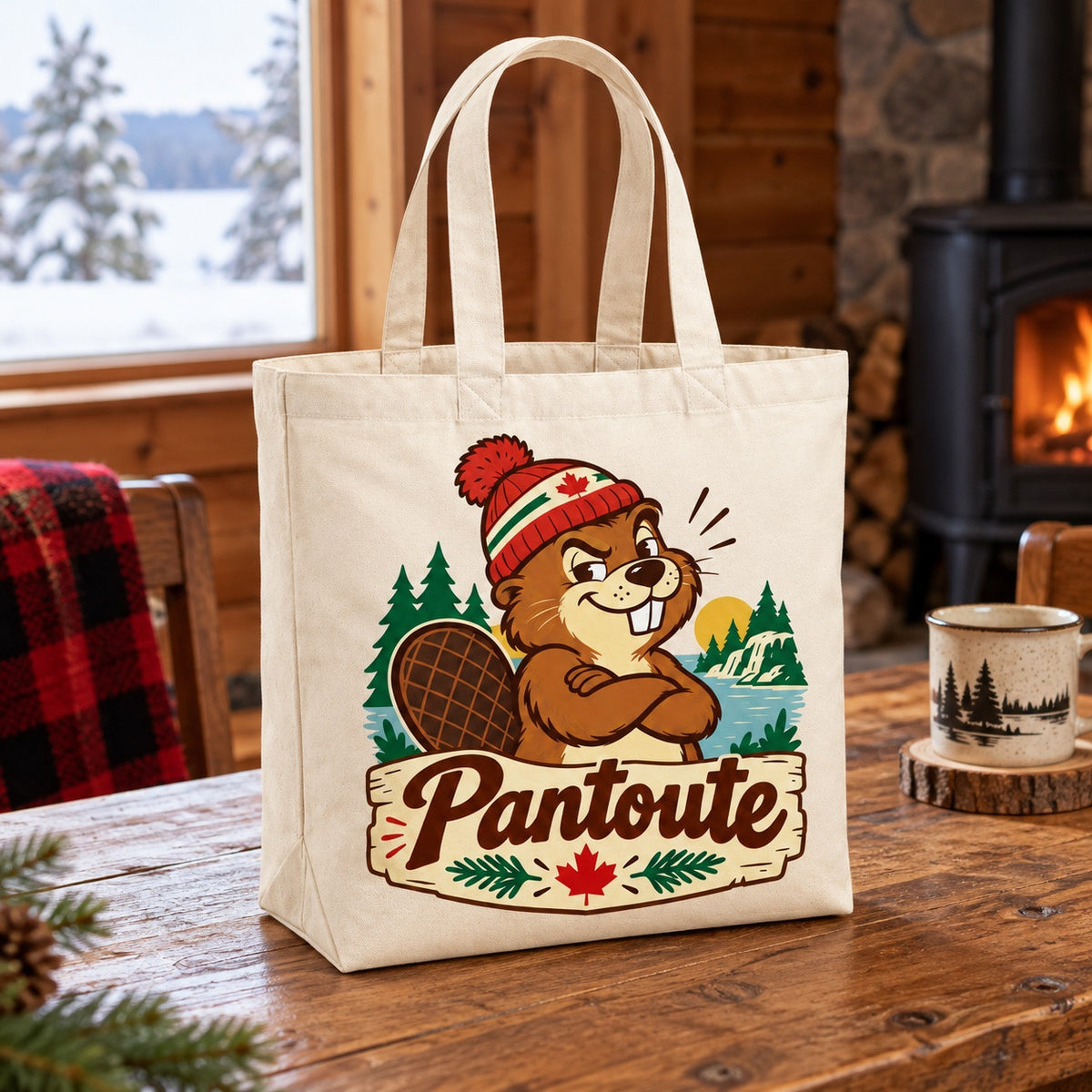Tote bag « Pantoute » Premium posé de trois quarts sur une table