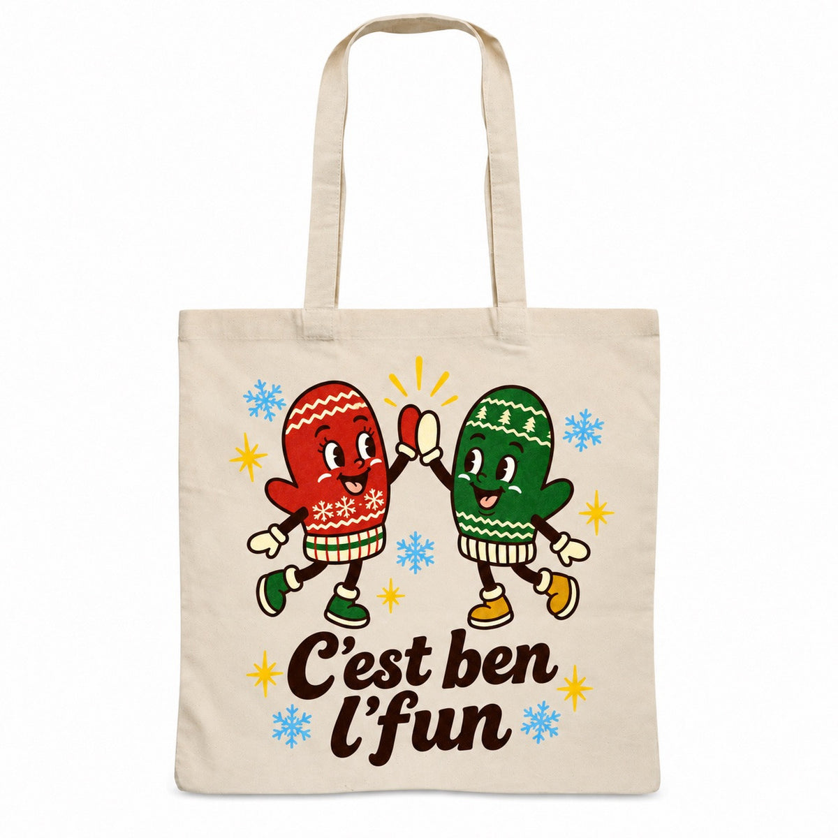 Tote bag « C'est ben l'fun » Essentiel, sac plat en coton naturel 140 g/m² de 38 × 42 cm, illustration rétro : deux mitaines rétro toutes joyeuses qui se tapent dans la main, entre petites étoiles et flocons