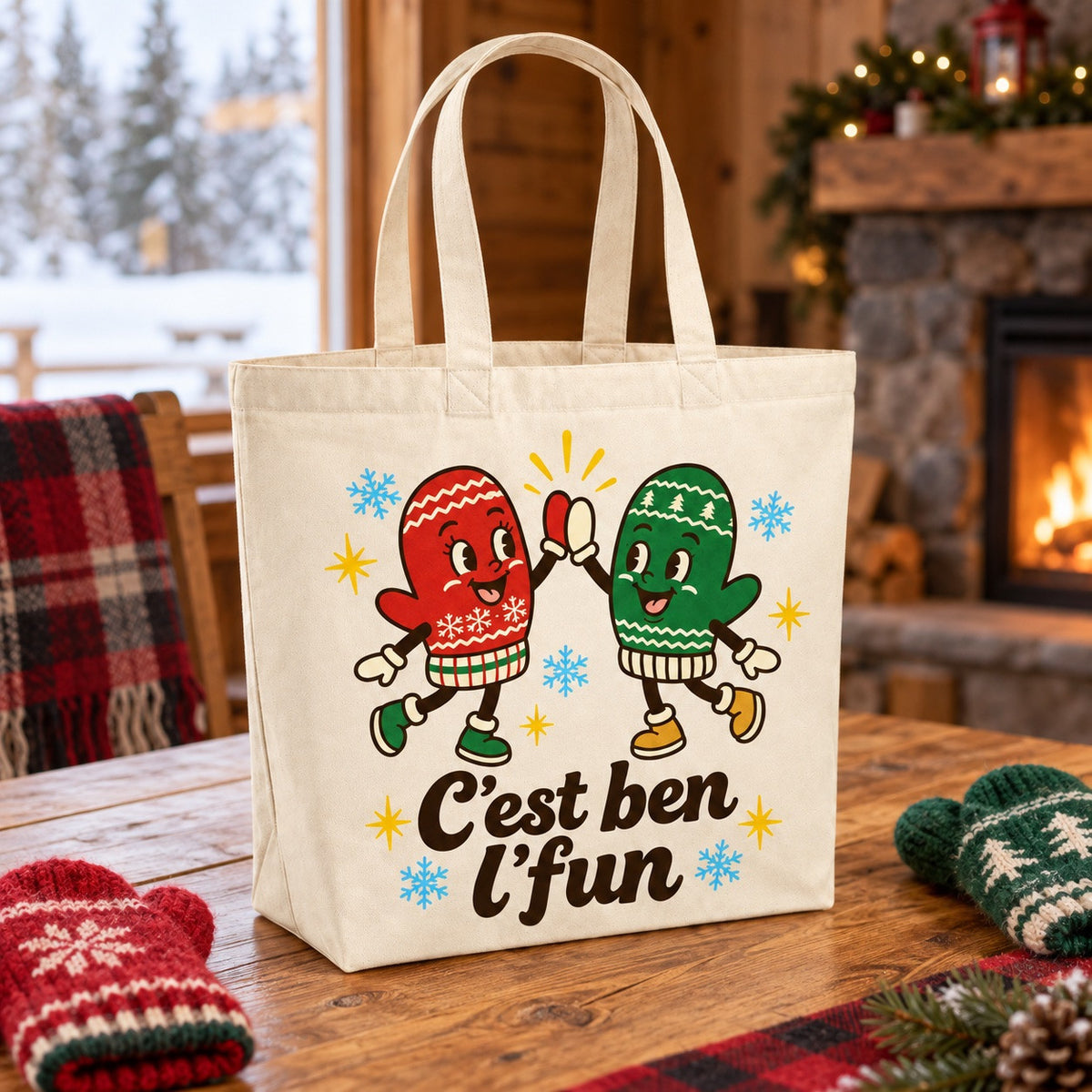 Tote bag « C'est ben l'fun » Premium posé de trois quarts sur une table