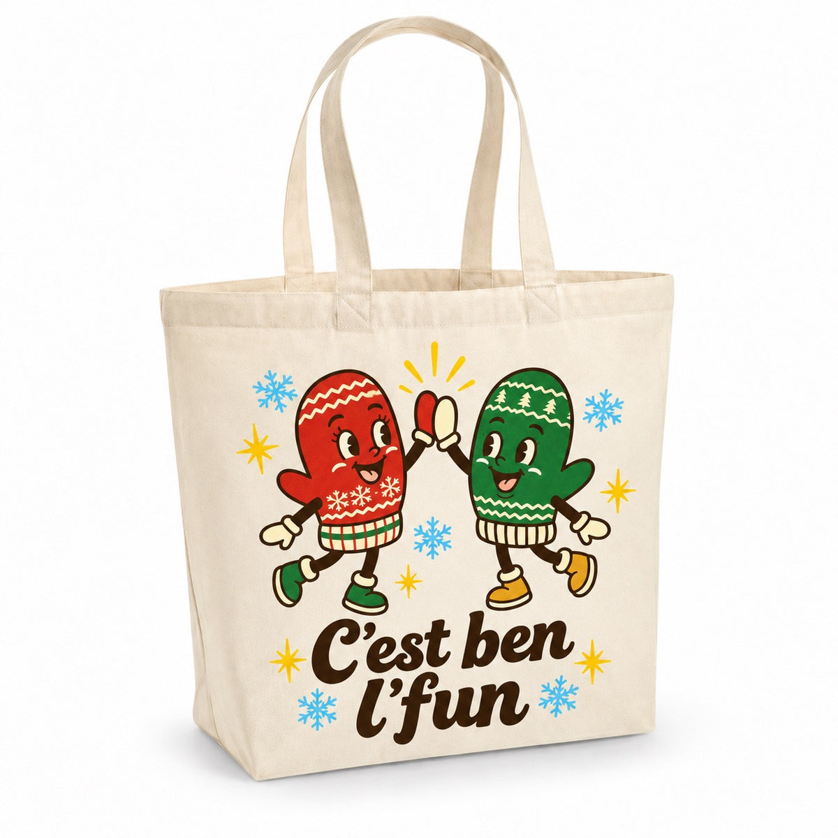 Tote bag « C'est ben l'fun » Premium, cabas à soufflet en coton naturel 200 g/m² de 18 litres, illustration rétro : deux mitaines rétro toutes joyeuses qui se tapent dans la main, entre petites étoiles et flocons