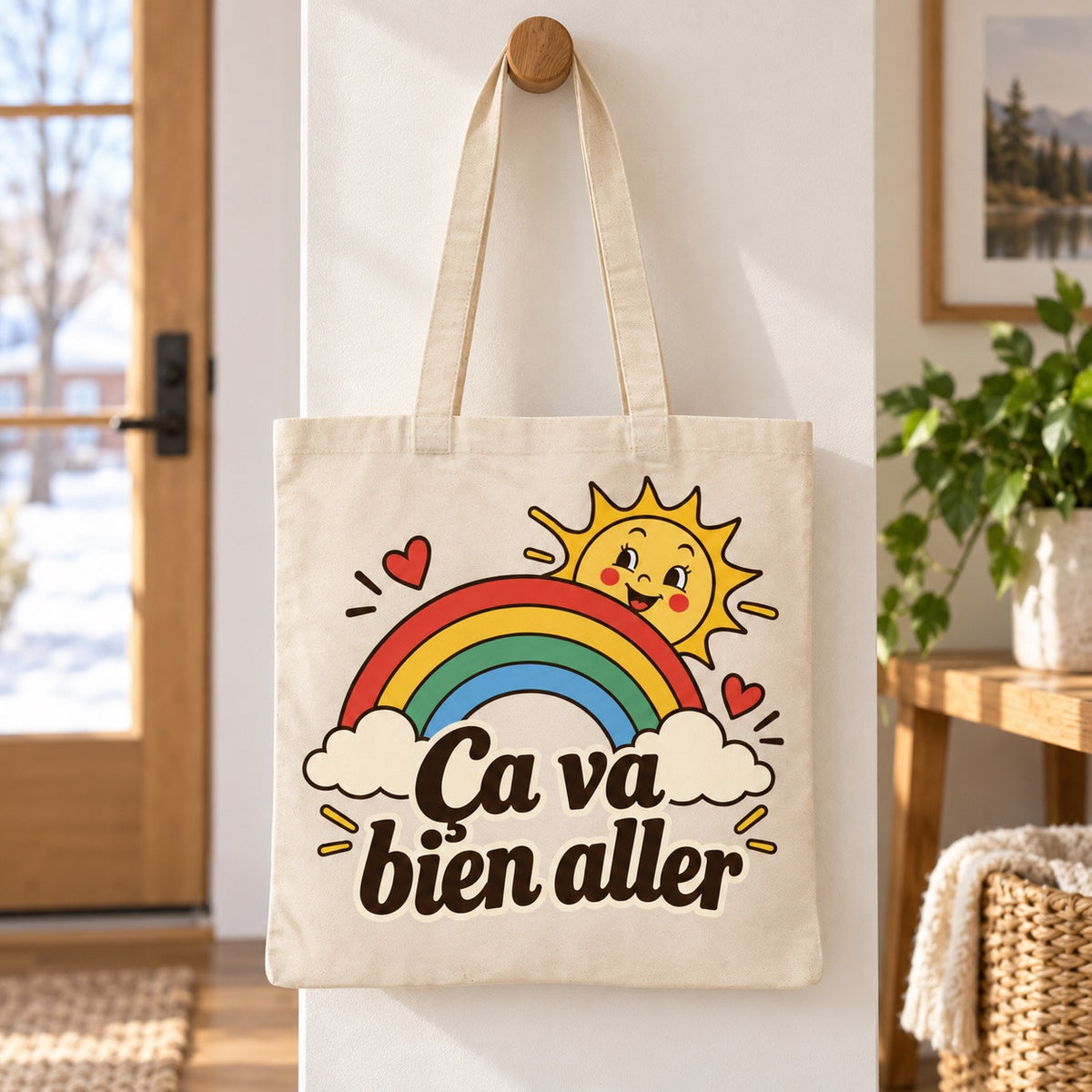 Tote bag « Ça va bien aller » Essentiel suspendu à une patère dans une entrée