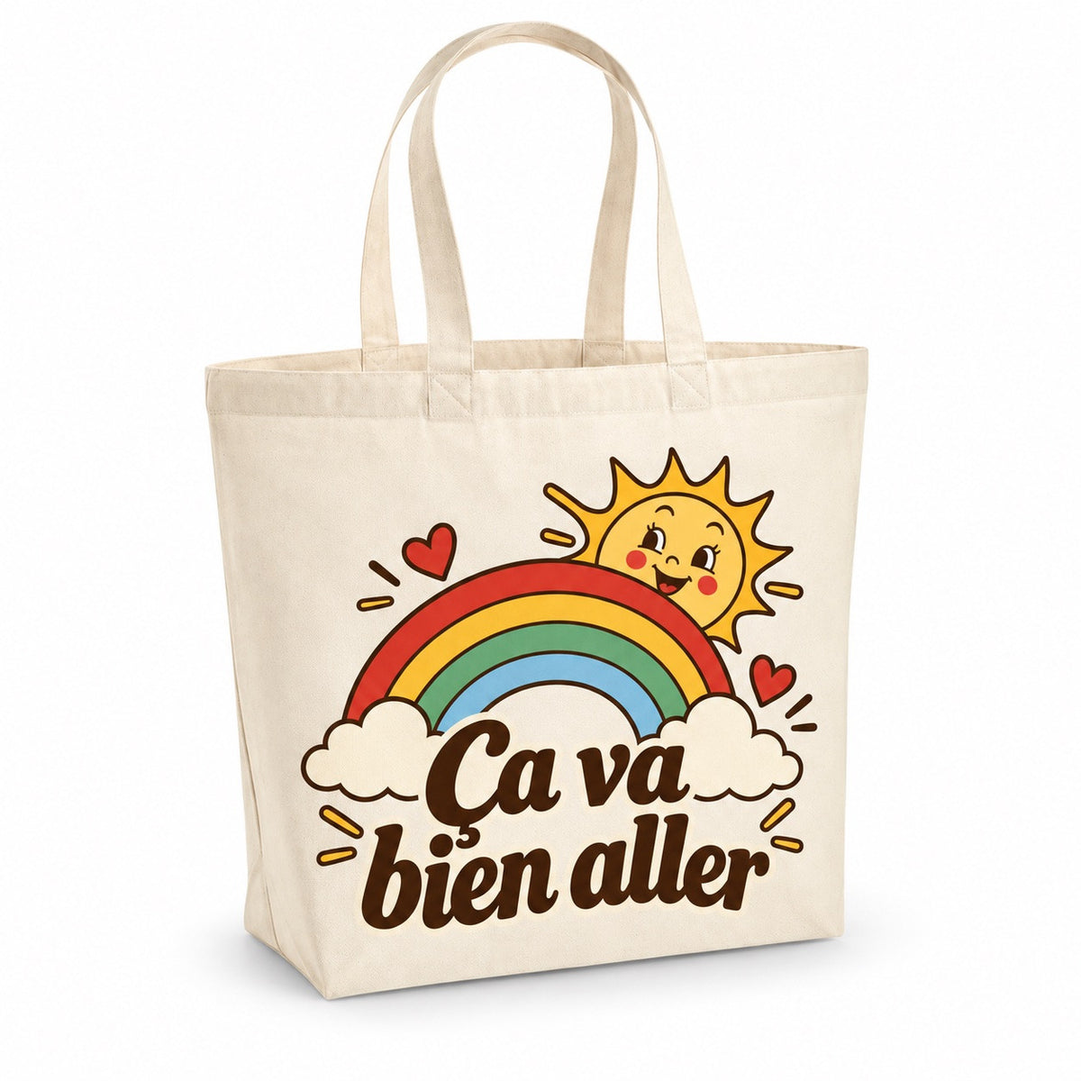 Tote bag « Ça va bien aller » Premium, cabas à soufflet en coton naturel 200 g/m² de 18 litres, illustration rétro : un arc-en-ciel chaleureux rouge, moutarde, vert sauge et bleu poudré, avec un petit soleil souriant et deux cœurs