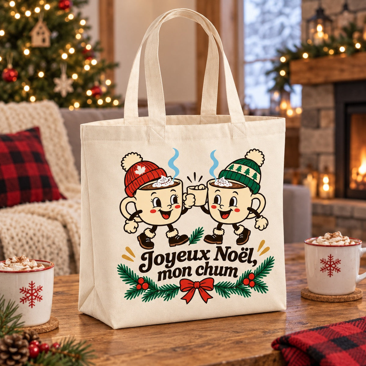 Tote bag « Joyeux Noël, mon chum » Premium posé de trois quarts sur une table