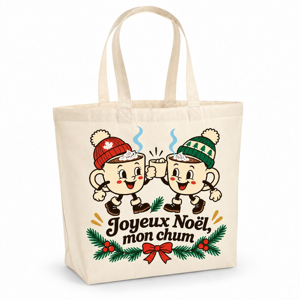 Tote bag « Joyeux Noël, mon chum » Premium, cabas à soufflet en coton naturel 200 g/m² de 18 litres, illustration rétro : deux tasses de chocolat chaud souriantes en tuques rouge et verte qui trinquent près d'une branche de sapin