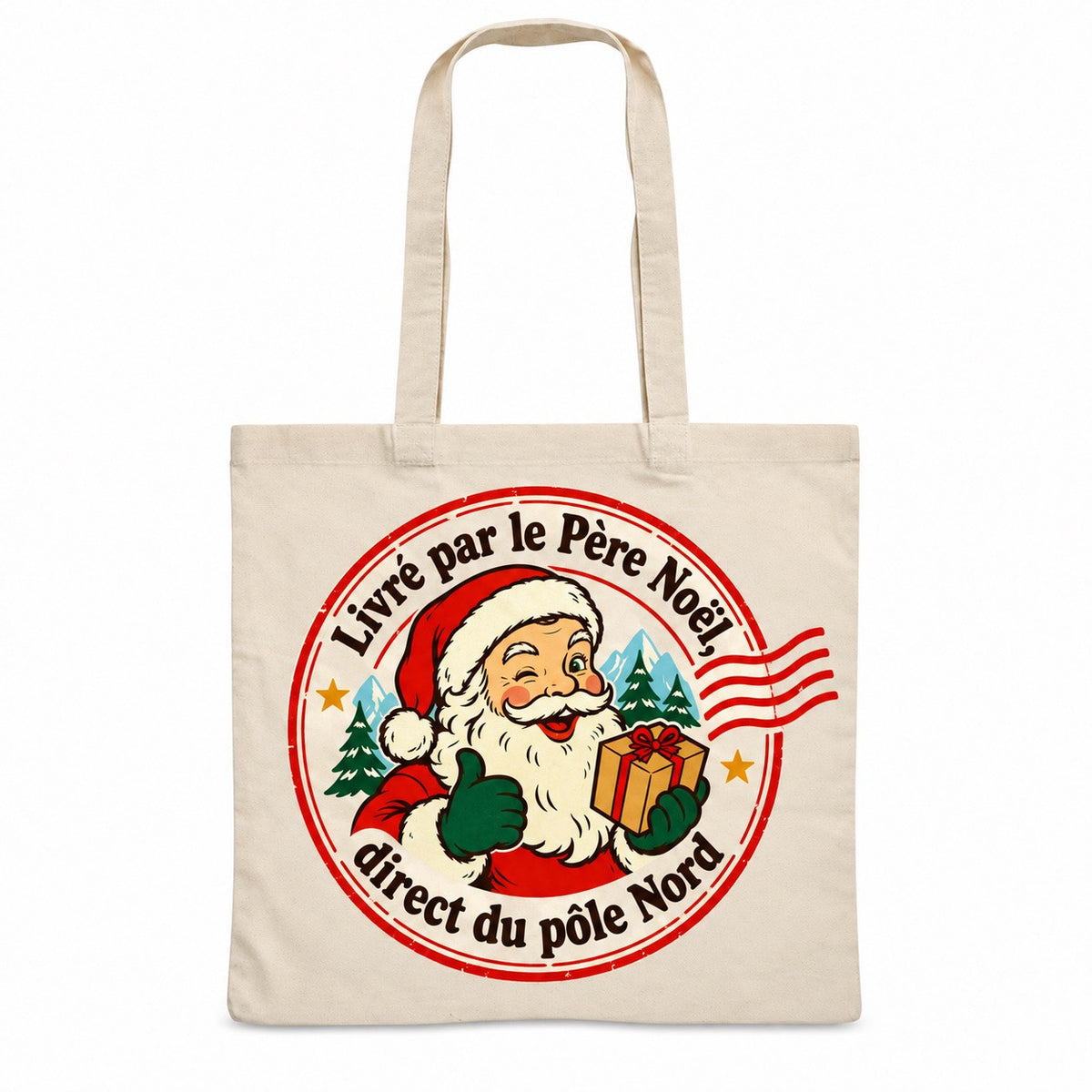 Tote bag « Livré par le Père Noël, direct du pôle Nord » Essentiel, sac plat en coton naturel 140 g/m² de 38 × 42 cm, illustration rétro : un tampon postal rouge au visage souriant d'un Père Noël rétro, avec un petit colis et des lignes d'oblitération