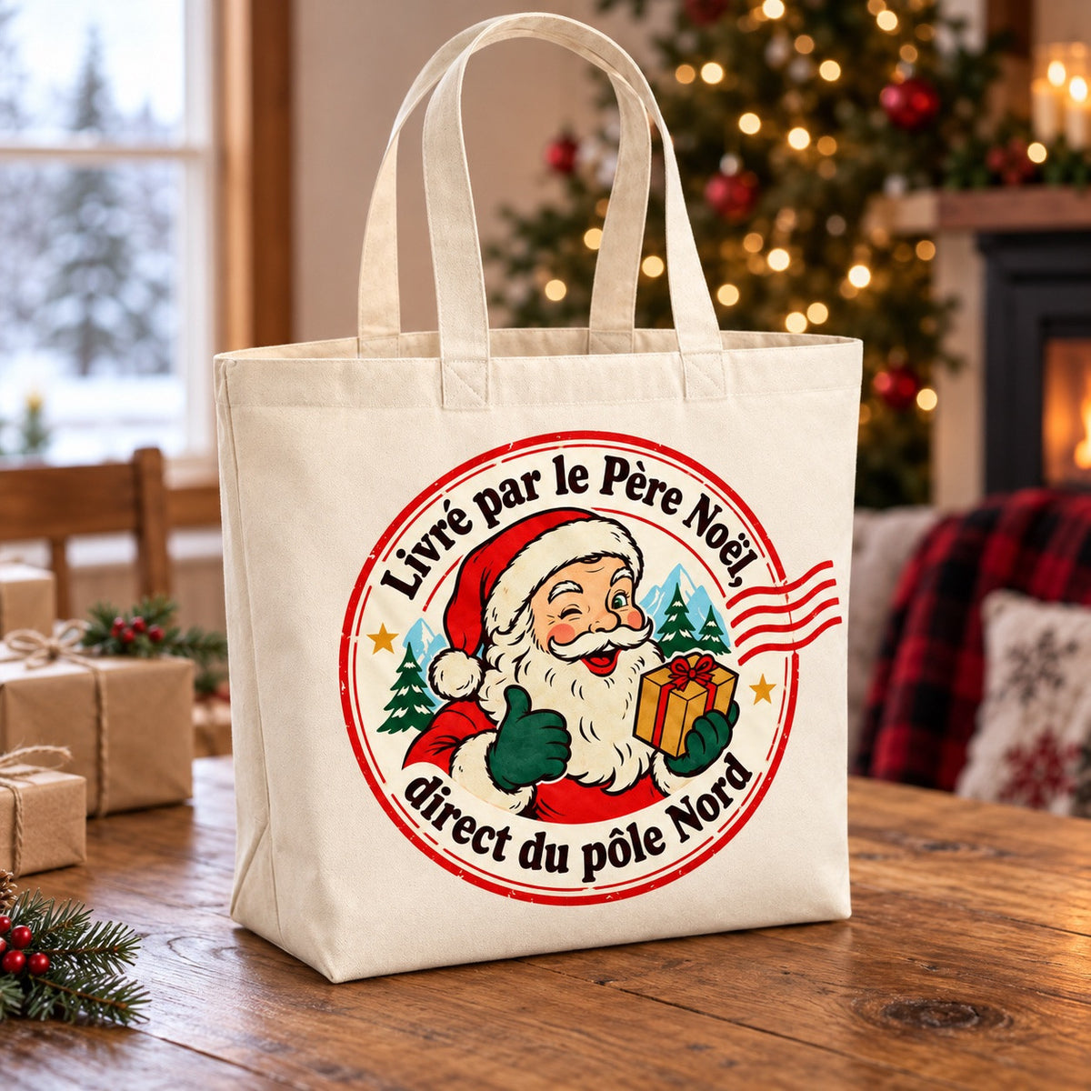 Tote bag « Livré par le Père Noël, direct du pôle Nord » Premium posé de trois quarts sur une table