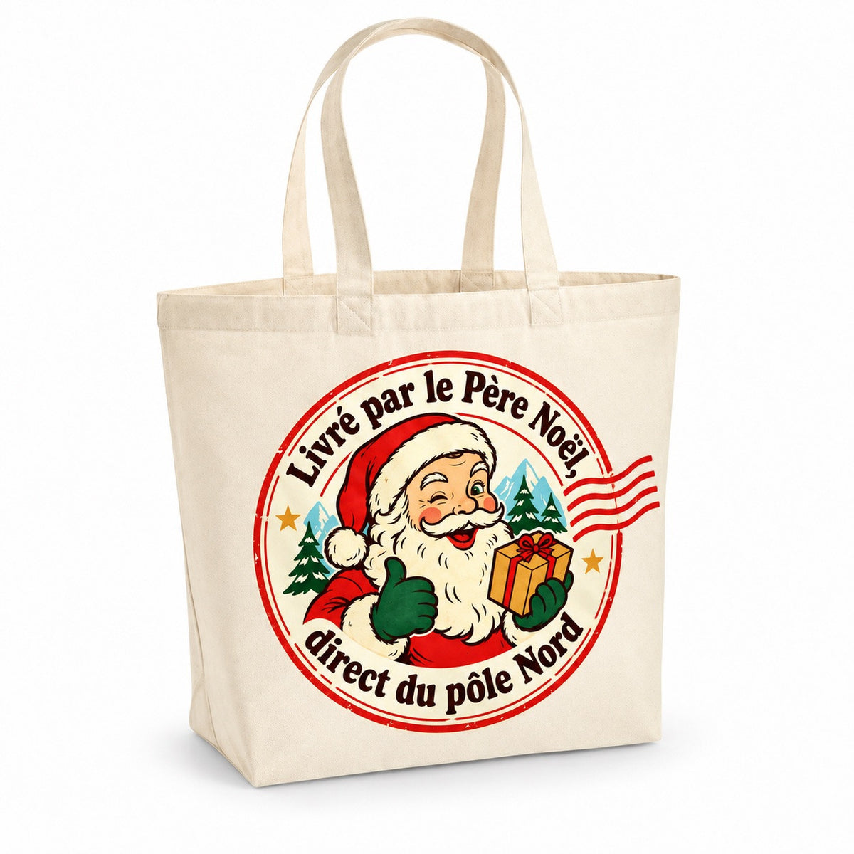 Tote bag « Livré par le Père Noël, direct du pôle Nord » Premium, cabas à soufflet en coton naturel 200 g/m² de 18 litres, illustration rétro : un tampon postal rouge au visage souriant d'un Père Noël rétro, avec un petit colis et des lignes d'oblitération