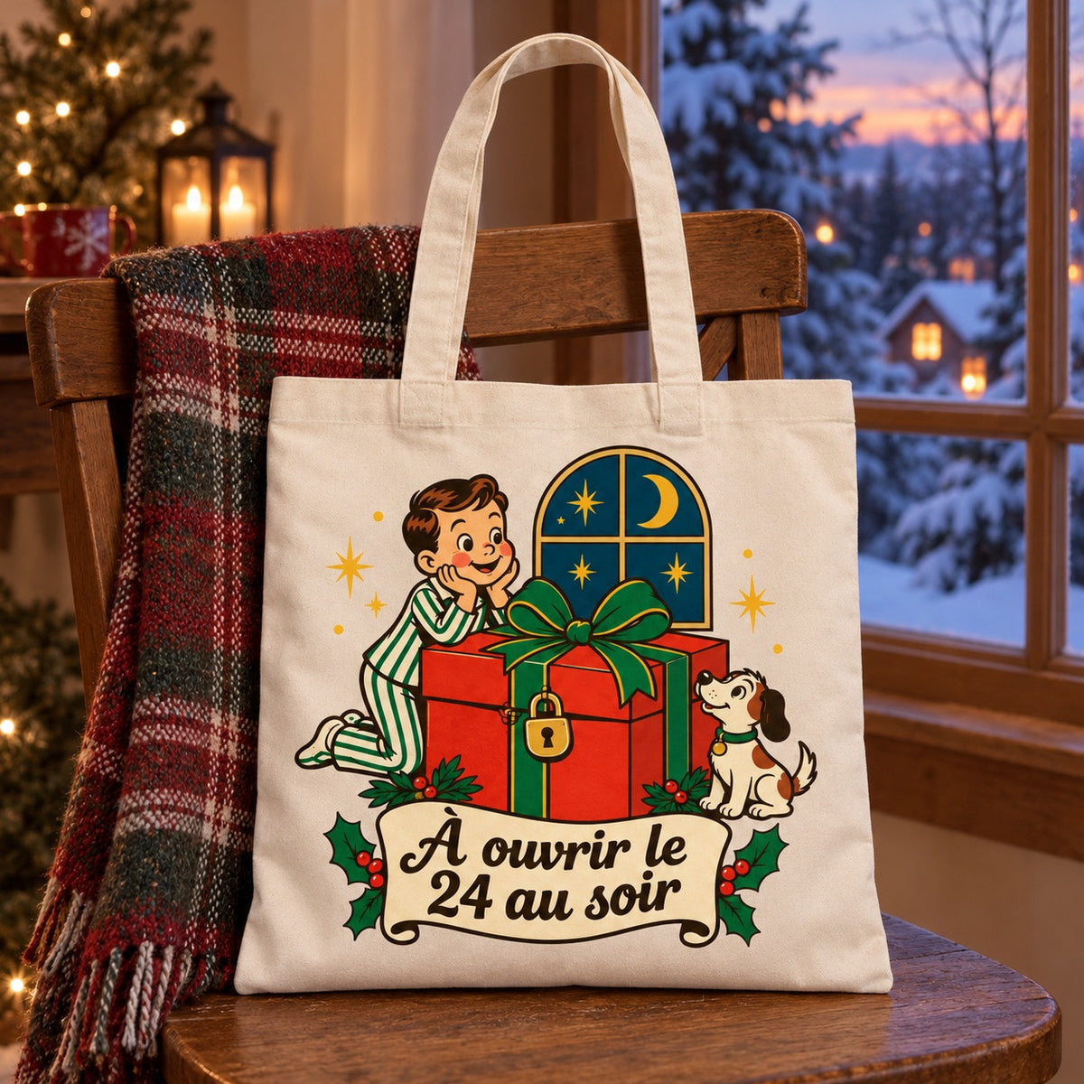 Tote bag « À ouvrir le 24 au soir » Essentiel posé sur une chaise, décor d'hiver