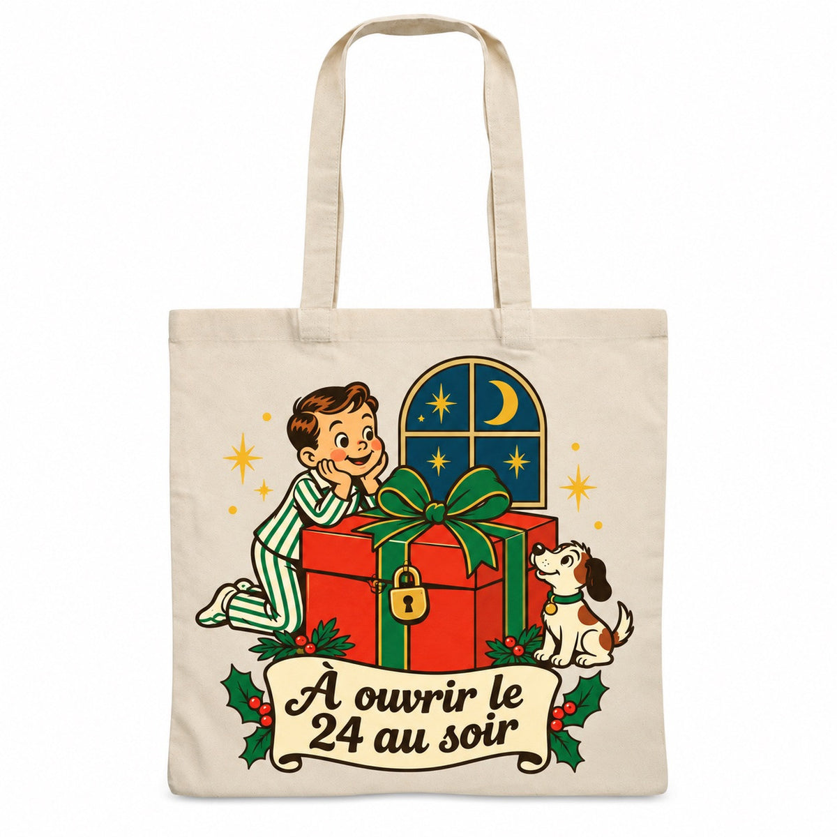 Tote bag « À ouvrir le 24 au soir » Essentiel, sac plat en coton naturel 140 g/m² de 38 × 42 cm, illustration rétro : un gros cadeau rouge à ruban vert fermé par un petit cadenas doré, sous la lune et les étoiles du réveillon