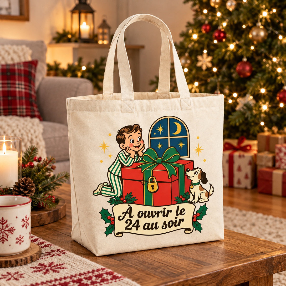 Tote bag « À ouvrir le 24 au soir » Premium posé de trois quarts sur une table