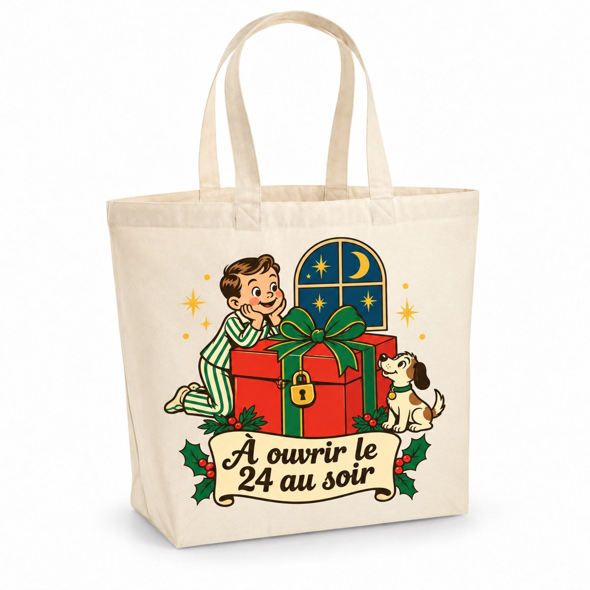 Tote bag « À ouvrir le 24 au soir » Premium, cabas à soufflet en coton naturel 200 g/m² de 18 litres, illustration rétro : un gros cadeau rouge à ruban vert fermé par un petit cadenas doré, sous la lune et les étoiles du réveillon