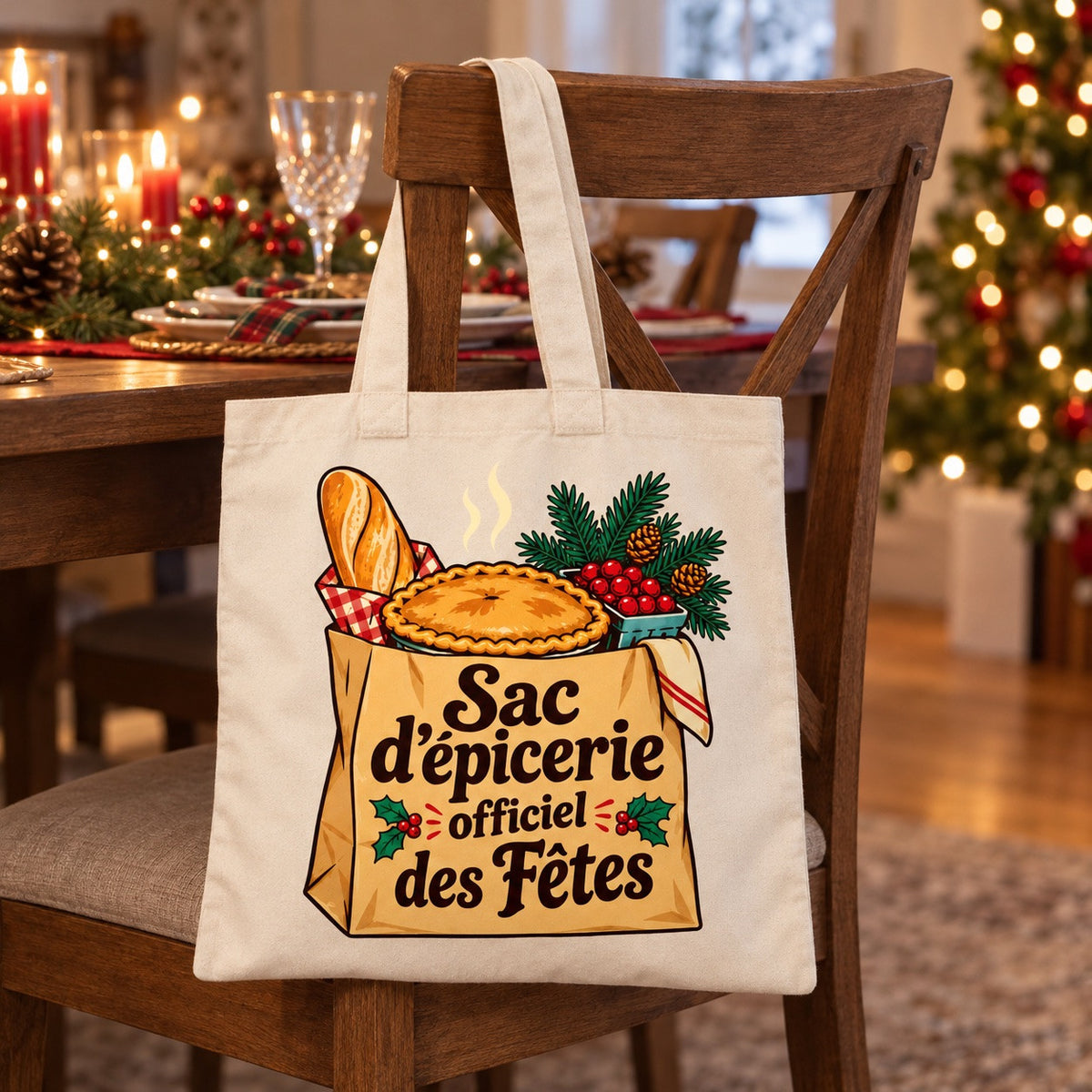 Tote bag « Sac d'épicerie officiel des Fêtes » Essentiel posé sur une chaise, décor d'hiver