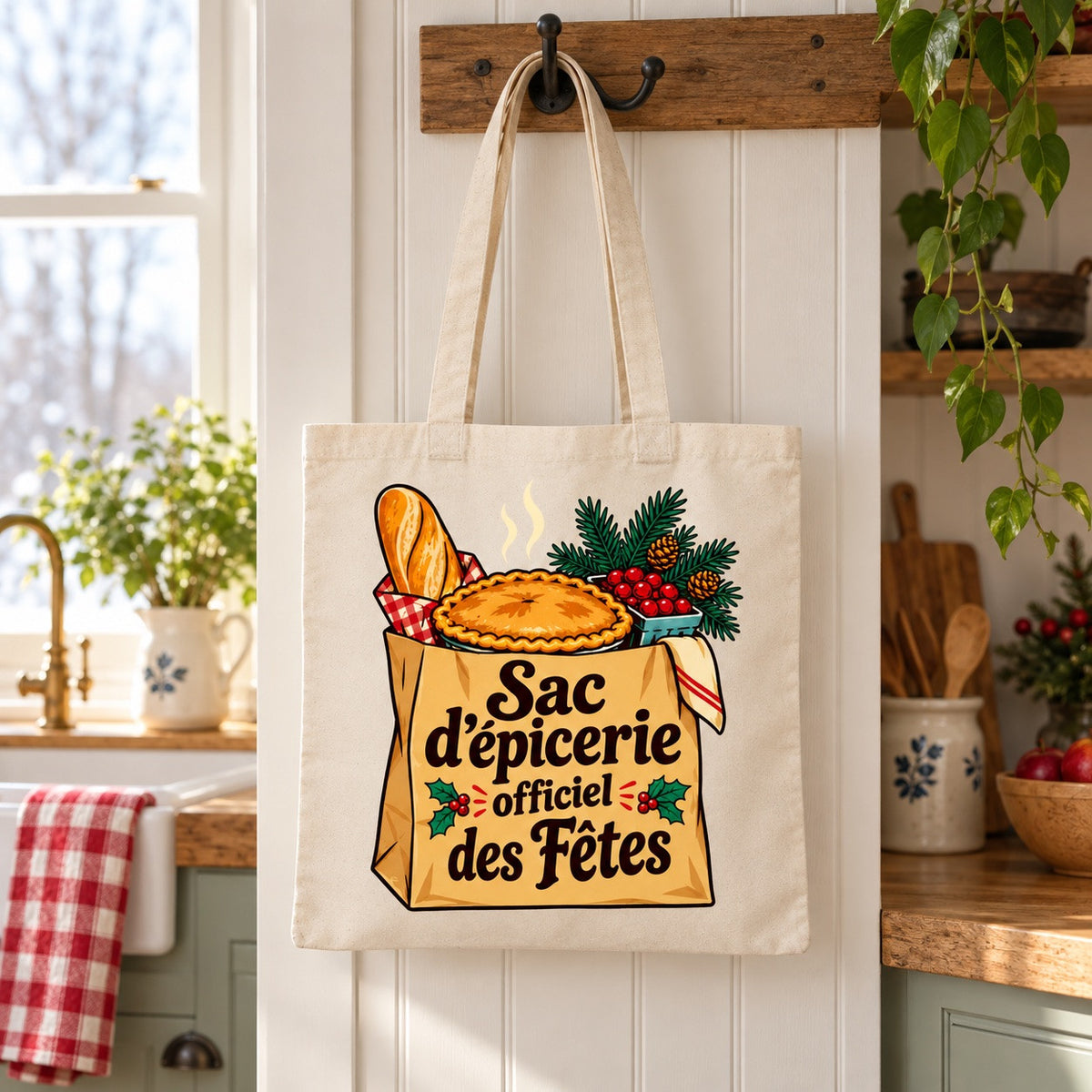 Tote bag « Sac d'épicerie officiel des Fêtes » Essentiel suspendu à une patère dans une entrée