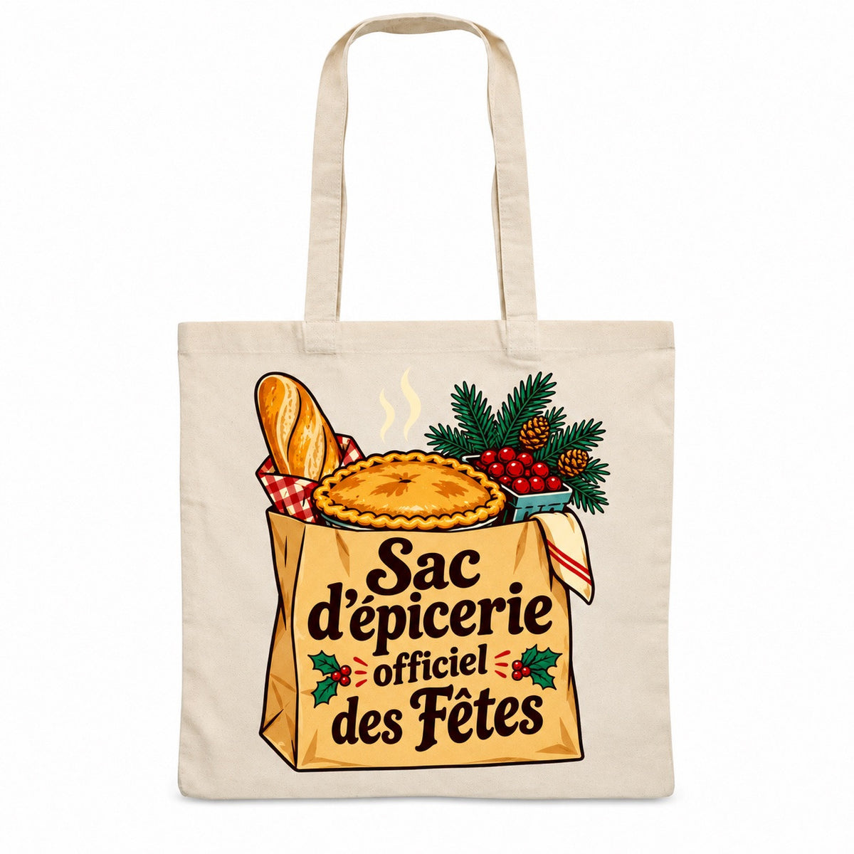 Tote bag « Sac d'épicerie officiel des Fêtes » Essentiel, sac plat en coton naturel 140 g/m² de 38 × 42 cm, illustration rétro : un sac d'épicerie en papier qui déborde de tourtière, de canneberges, de pain et d'une branche de sapin, en pleine ambiance de réveillon