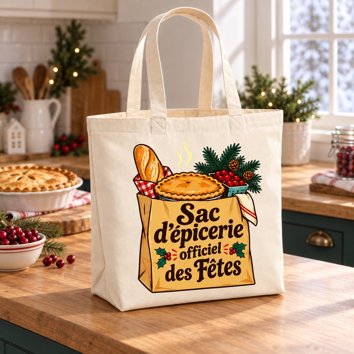 Tote bag « Sac d'épicerie officiel des Fêtes » Premium posé de trois quarts sur une table