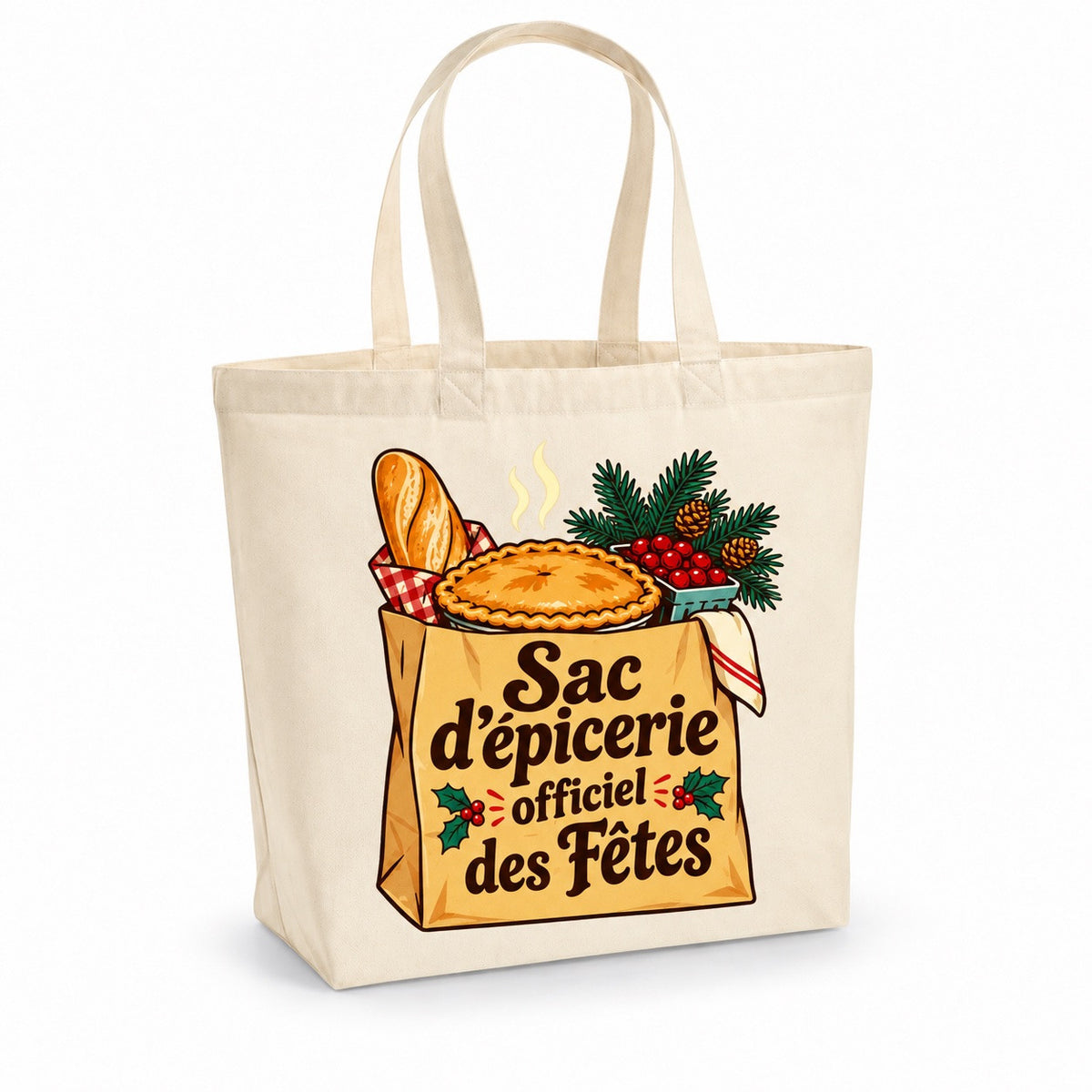 Tote bag « Sac d'épicerie officiel des Fêtes » Premium, cabas à soufflet en coton naturel 200 g/m² de 18 litres, illustration rétro : un sac d'épicerie en papier qui déborde de tourtière, de canneberges, de pain et d'une branche de sapin, en pleine ambiance de réveillon